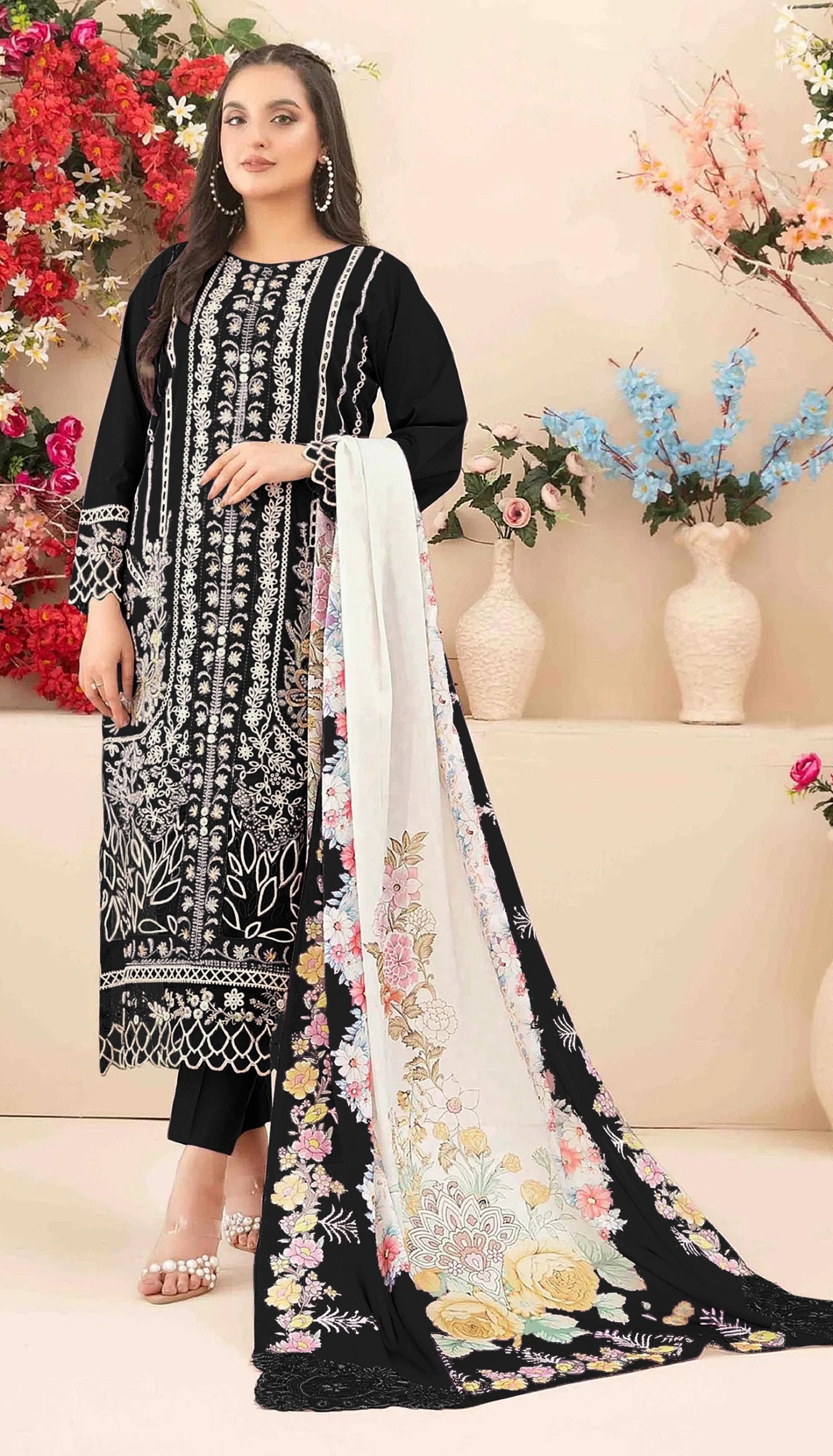 Black Cotton Ornamental Embroidered Salwar Suit