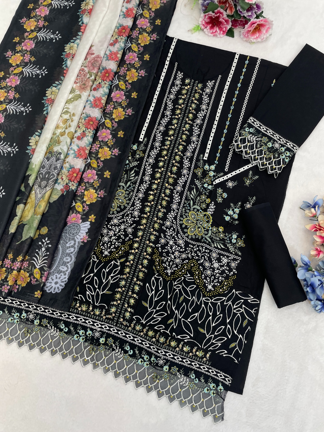 Black Cotton Ornamental Embroidered Salwar Suit