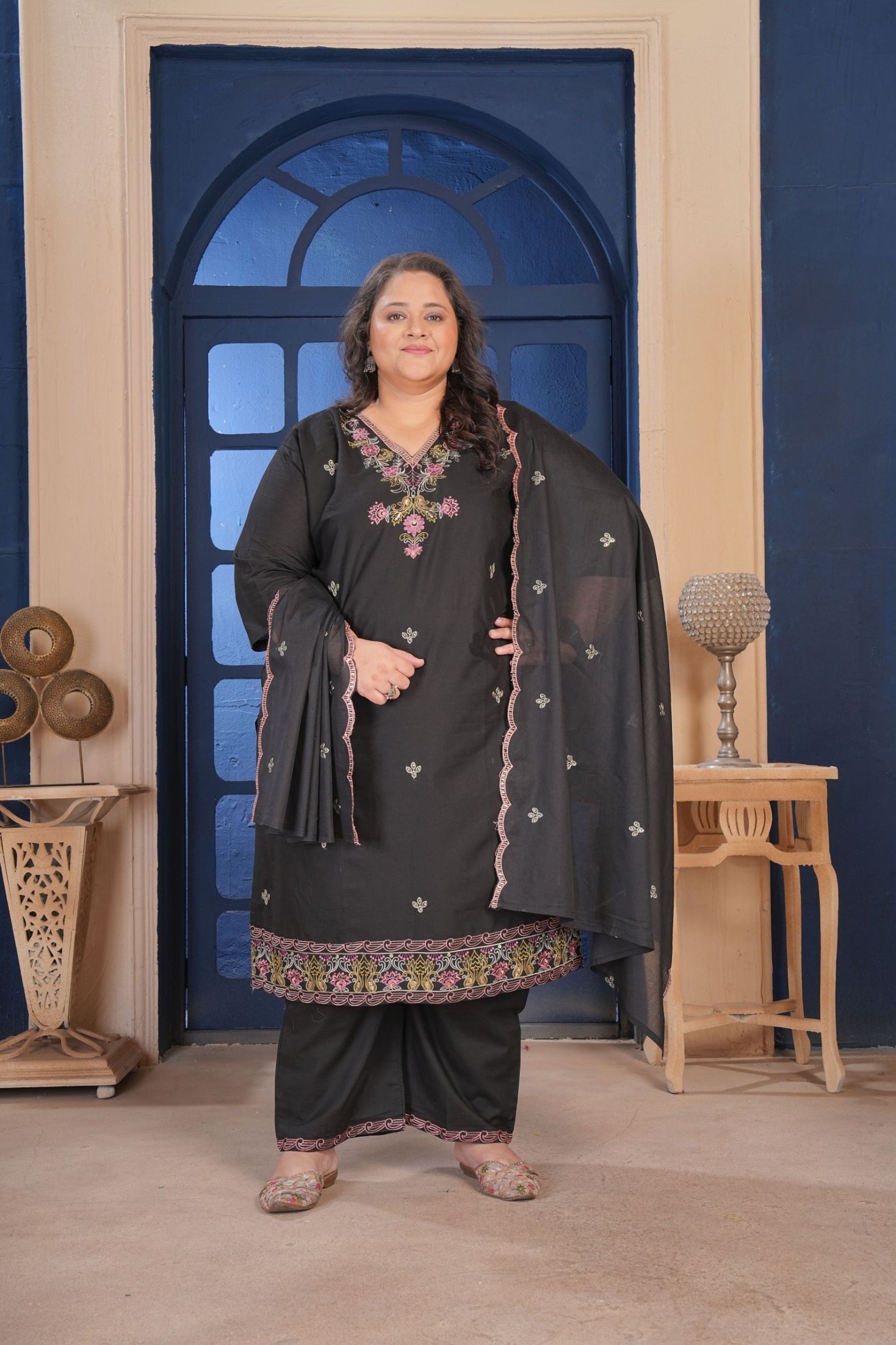 Black Cotton Ornamental Threadwork Straight Kurta Set