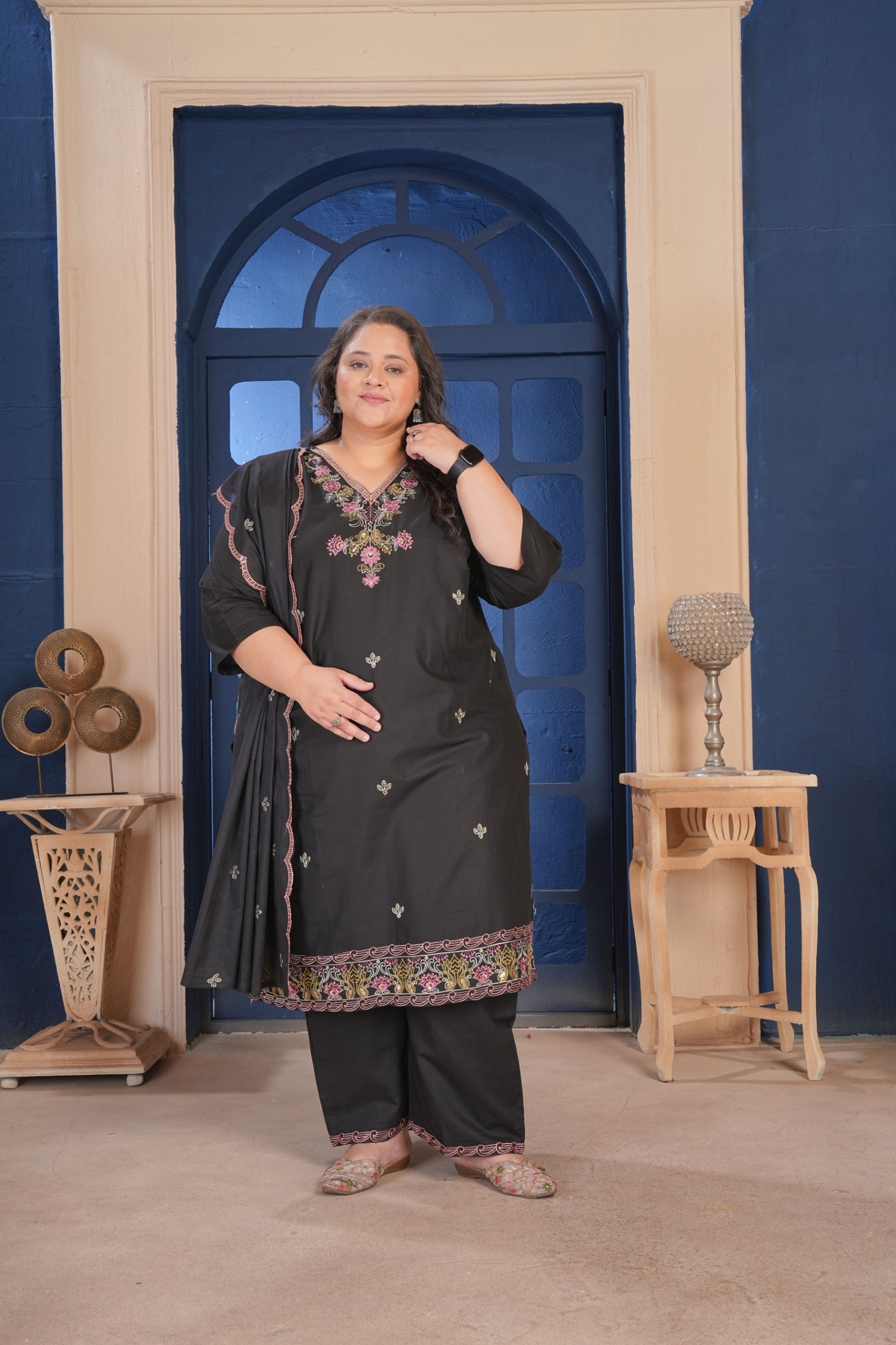 Black Cotton Ornamental Threadwork Straight Kurta Set