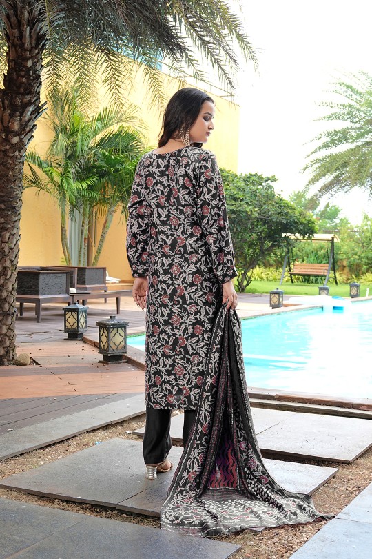Black Cotton Silk Printed and Embroidered Readymade Suit — alternate view
