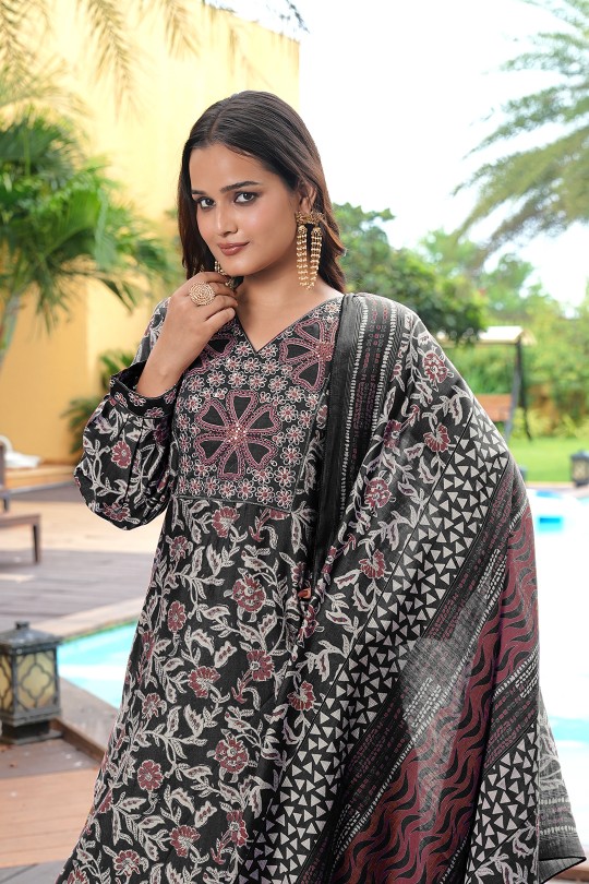Black Cotton Silk Printed and Embroidered Readymade Suit