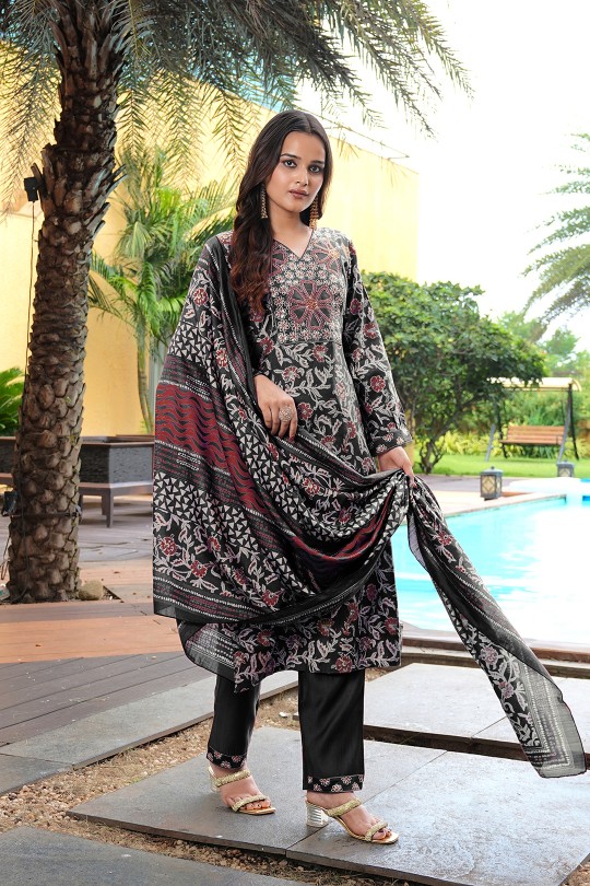 Black Cotton Silk Printed and Embroidered Readymade Suit