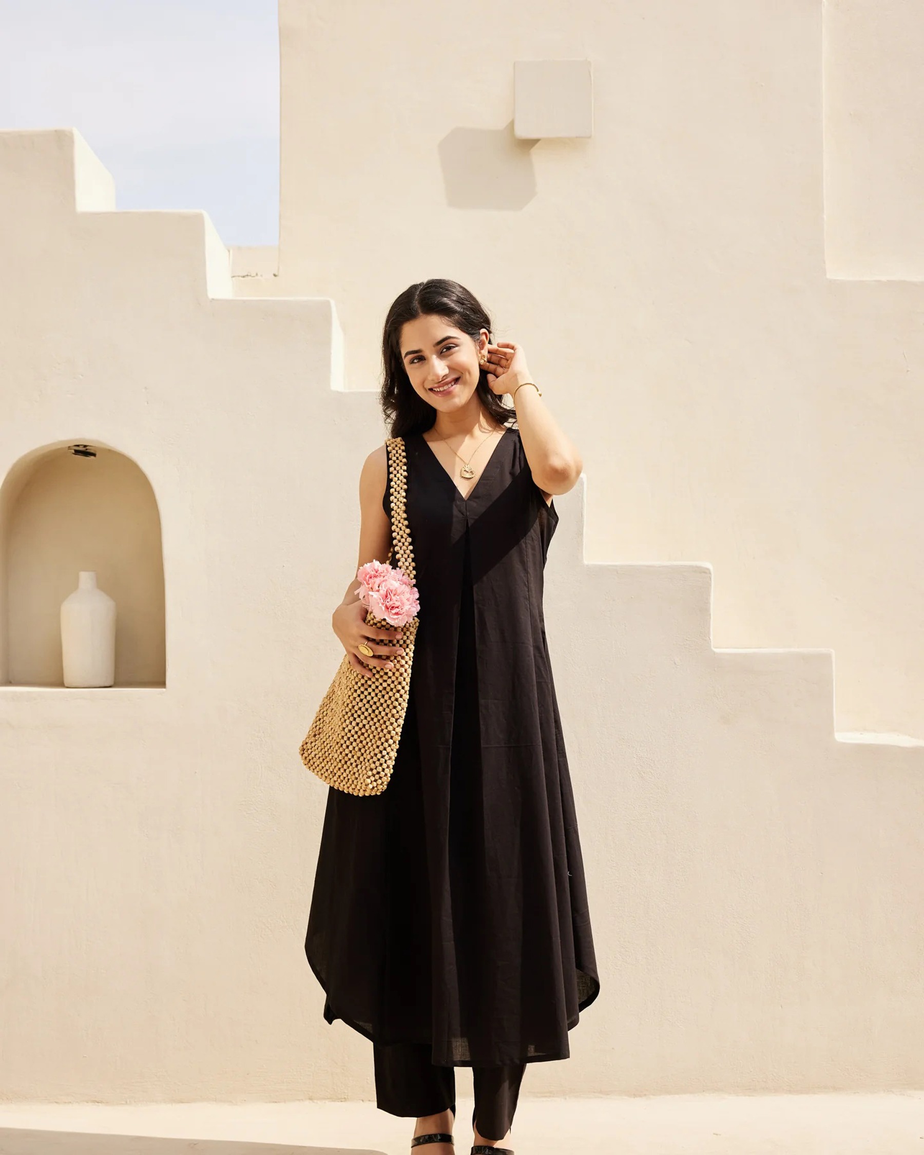 Black Cotton Solid Designer Tunic Co-ord Set