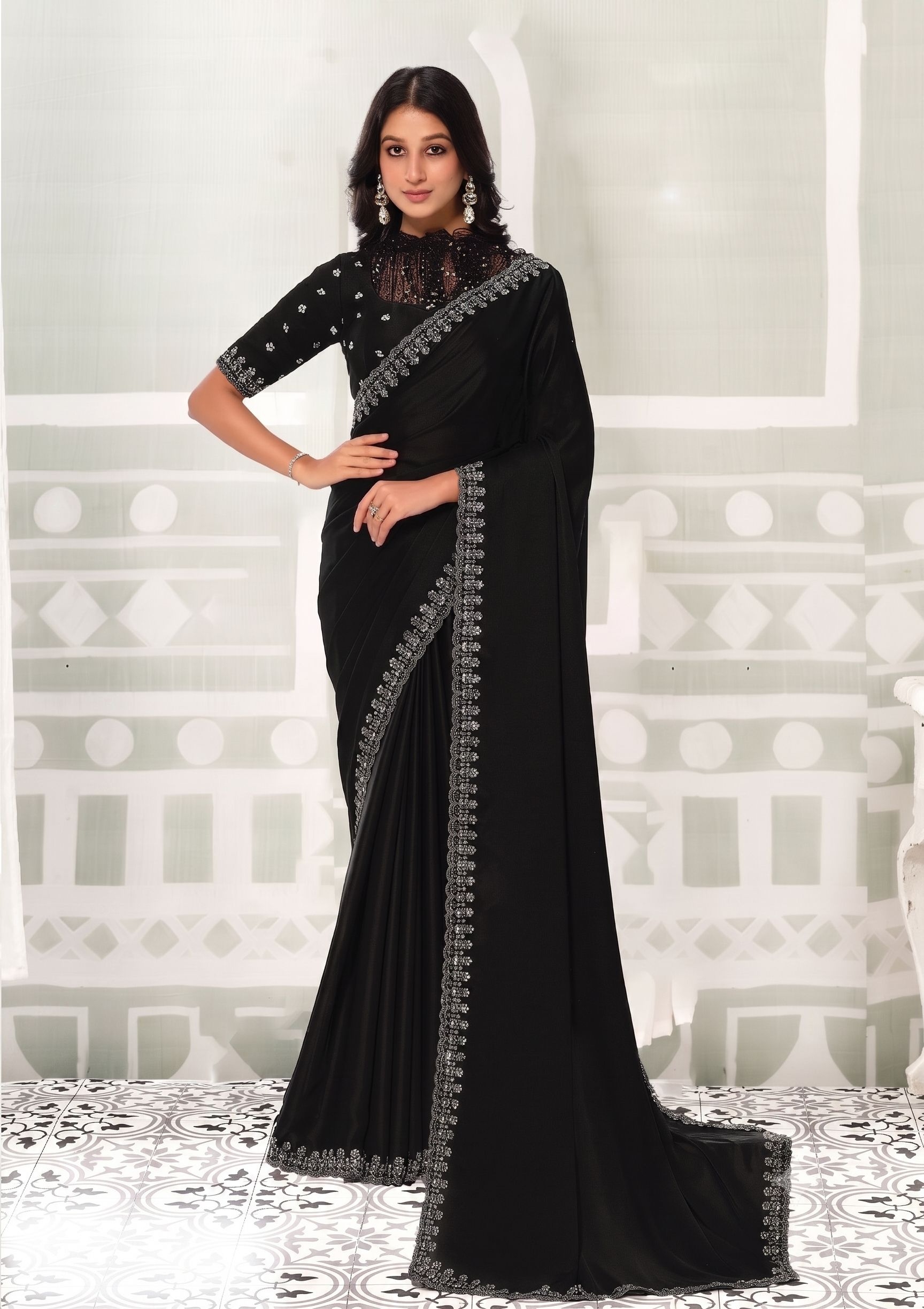 Black Crepe Satin Silk Embroidered Saree