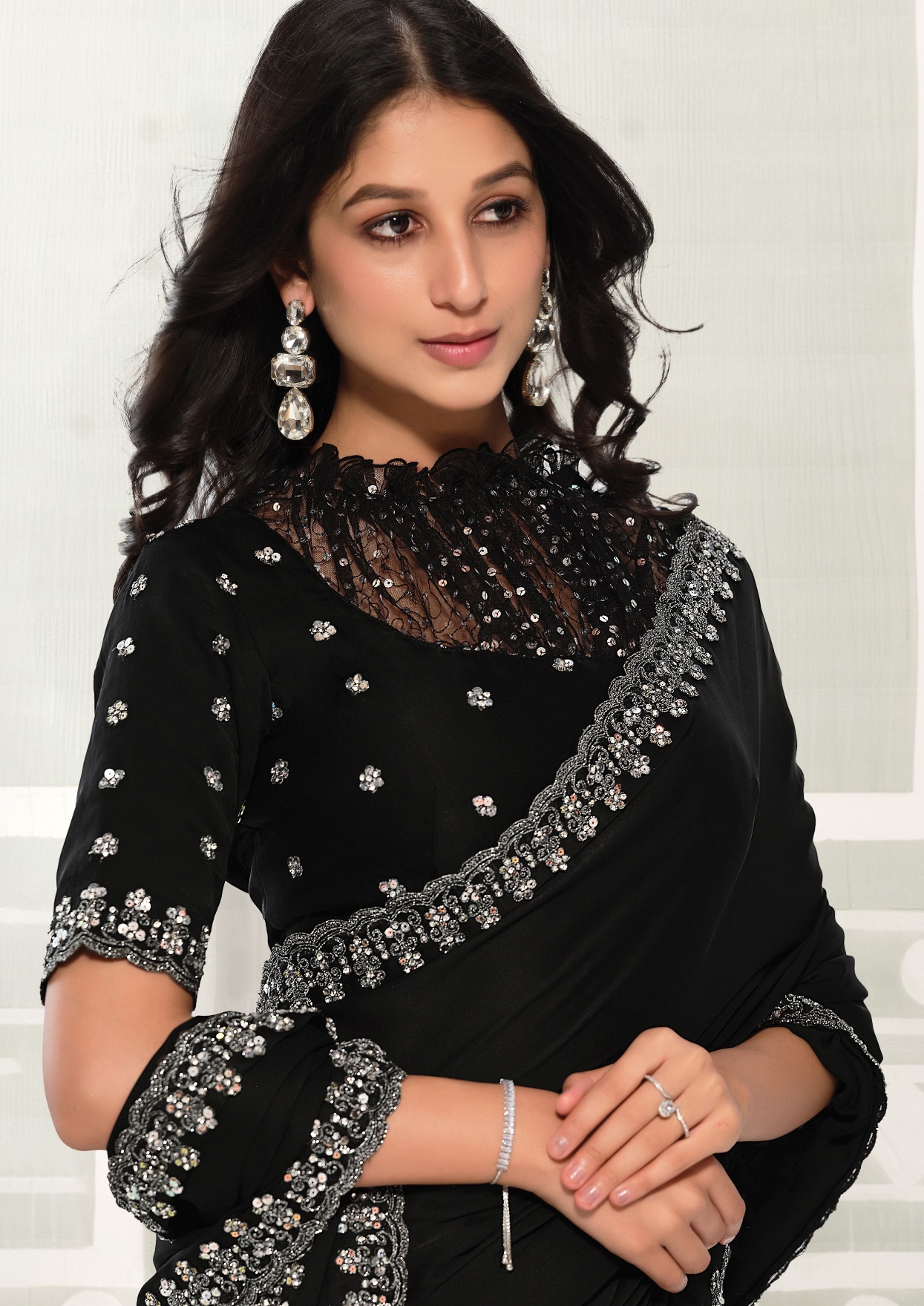 Black Crepe Satin Silk Embroidered Saree — alternate view