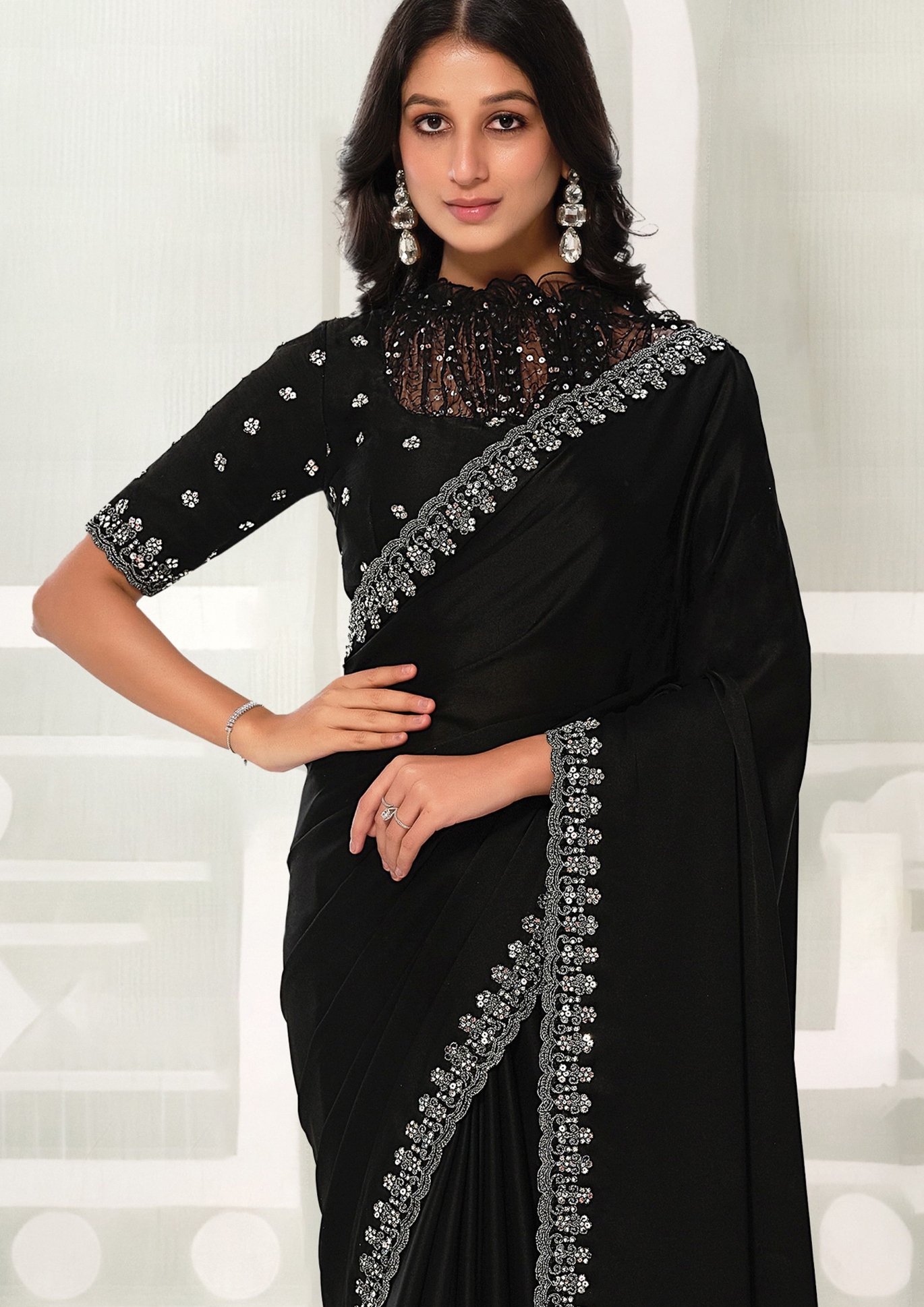 Black Crepe Satin Silk Embroidered Saree