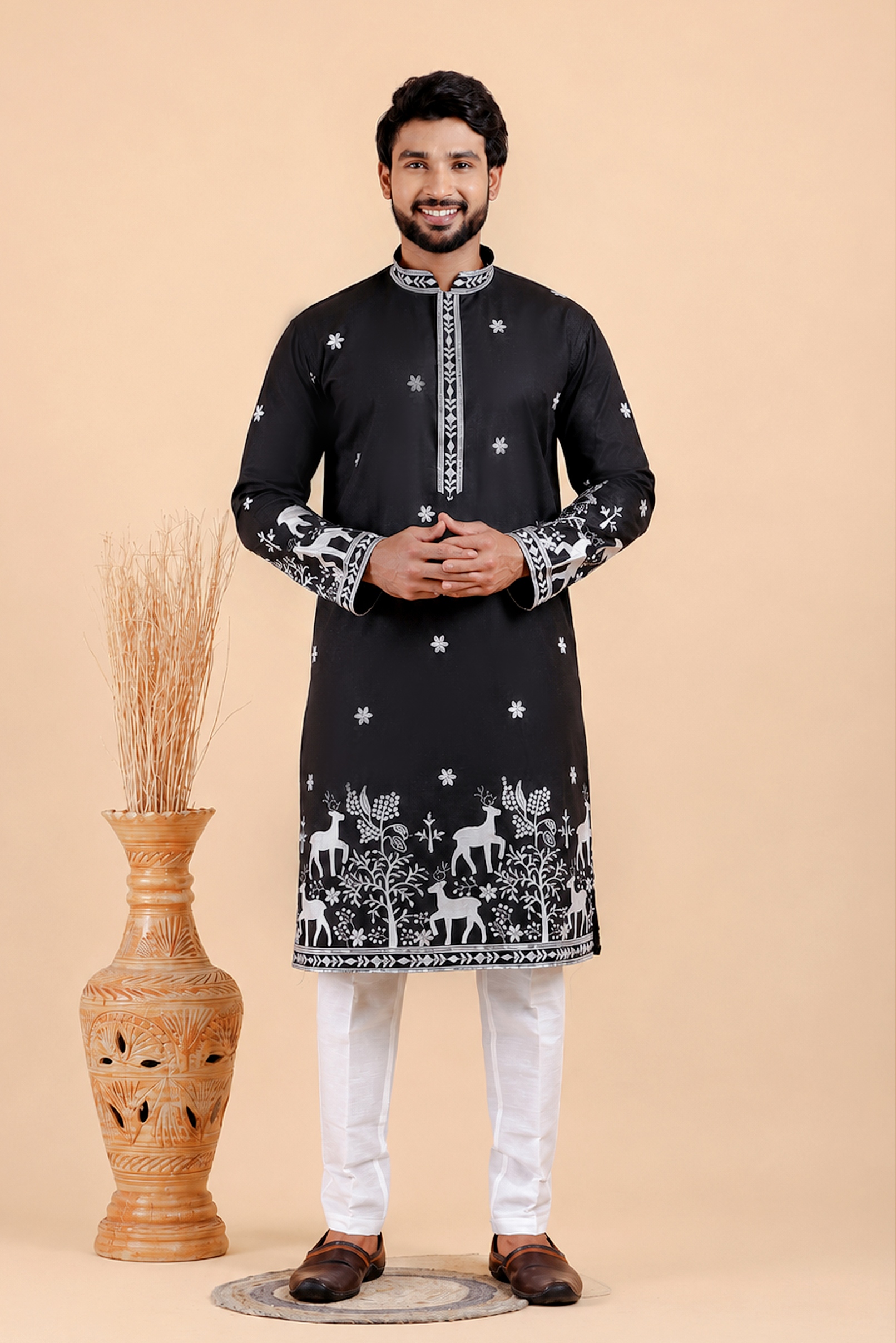 Black Deer Embroidered Silk Kurta Trouser Set