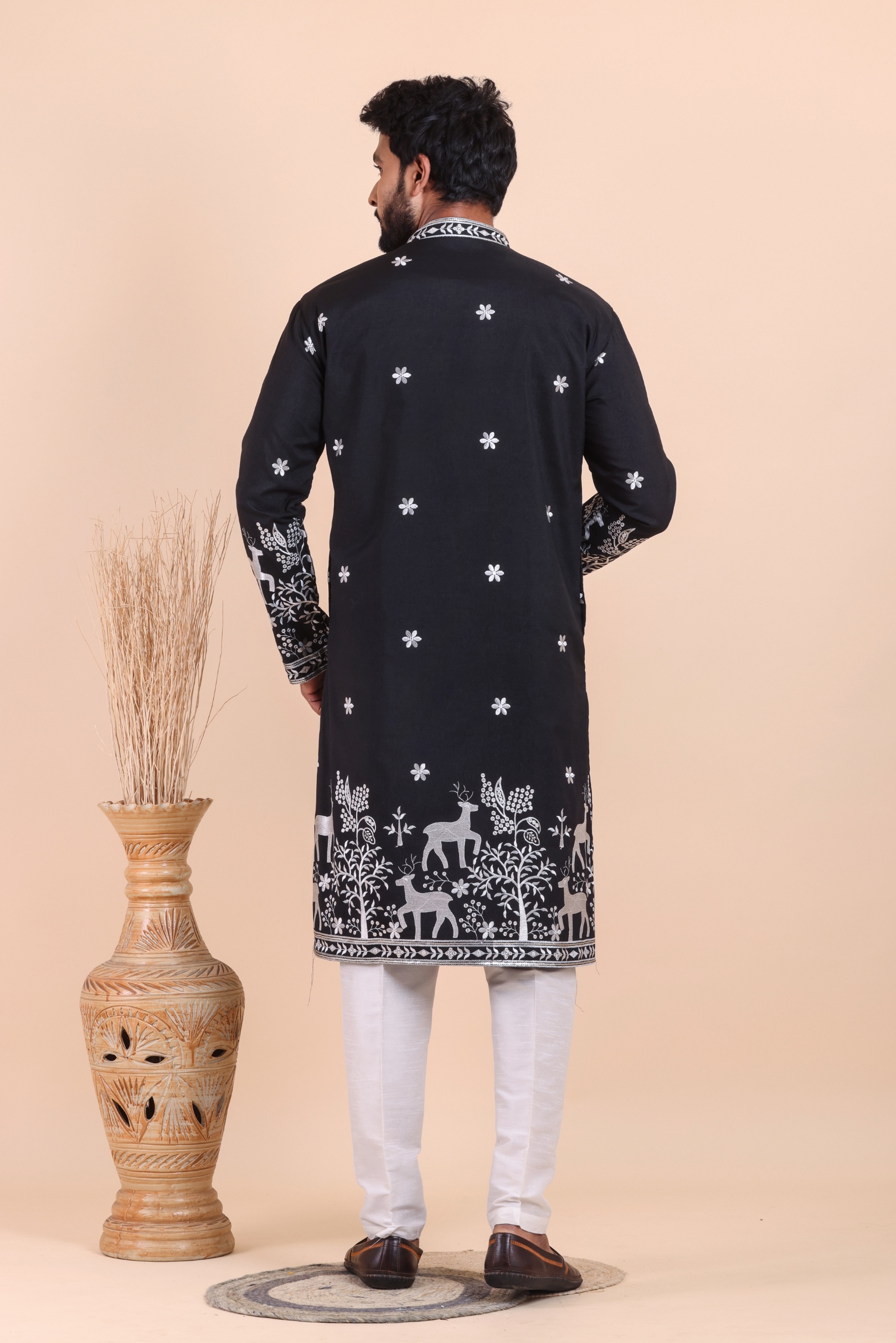 Black Deer Embroidered Silk Kurta Trouser Set — alternate view