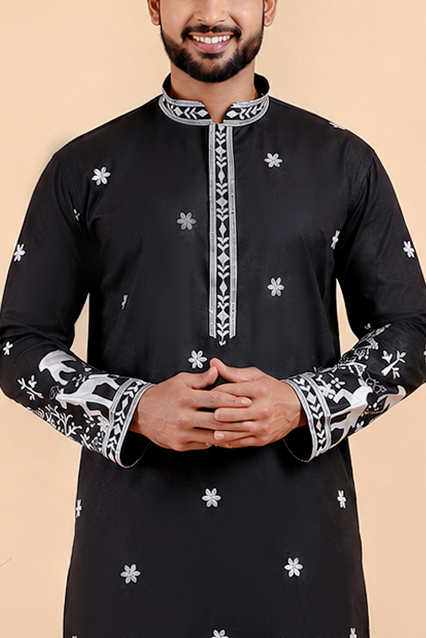 Black Deer Embroidered Silk Kurta Trouser Set