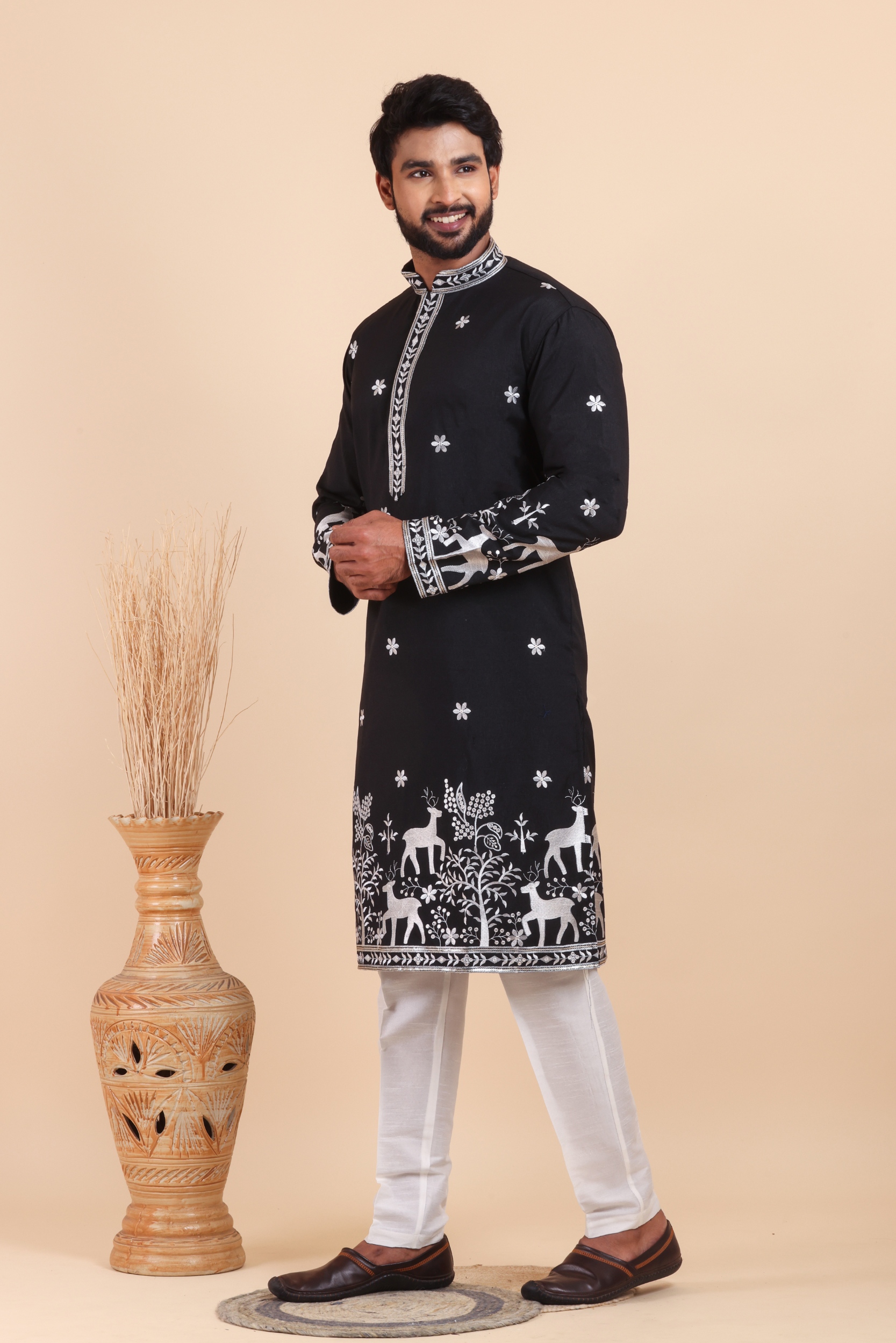 Black Deer Embroidered Silk Kurta Trouser Set