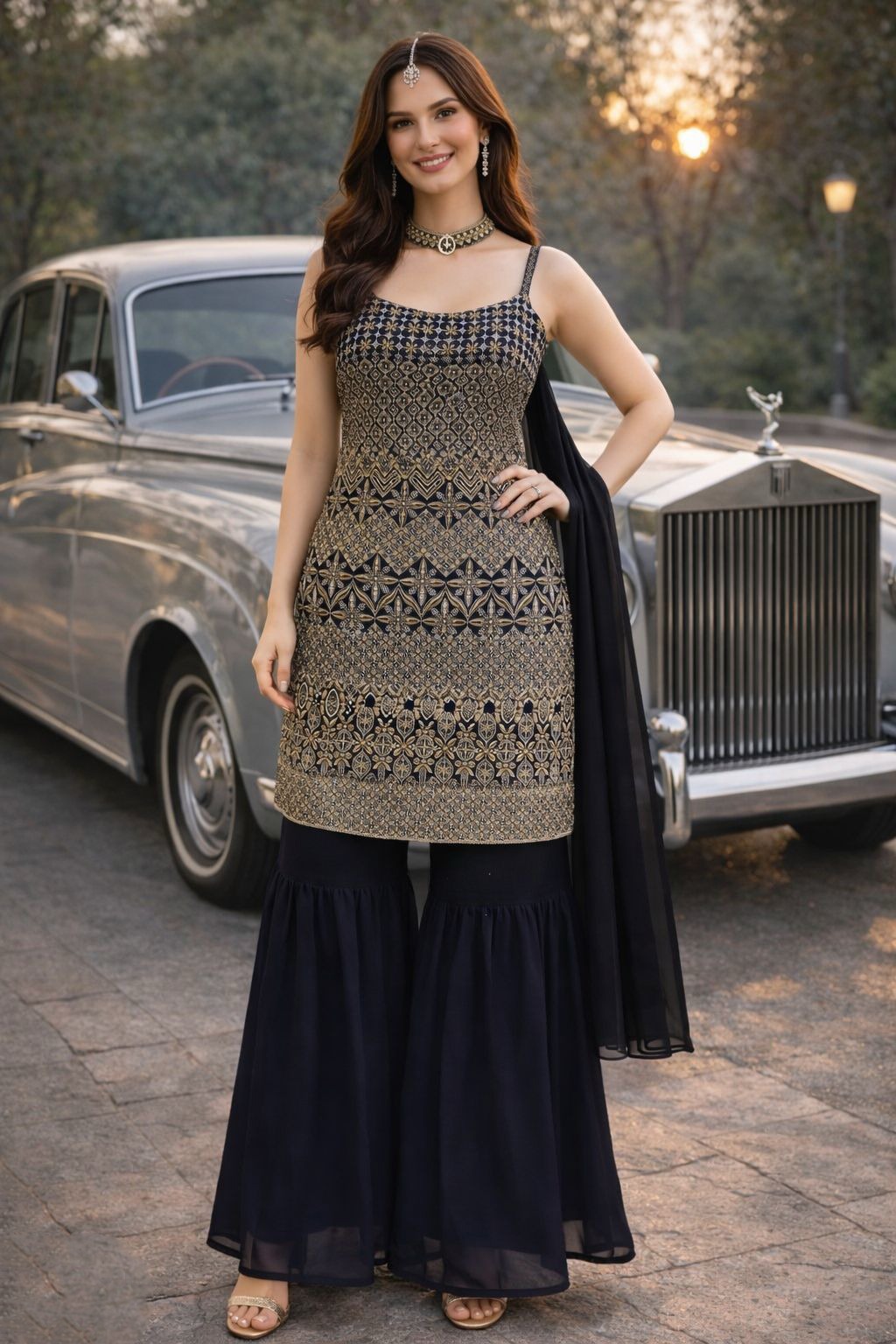 Black Designer Embroidered Georgette Sharara