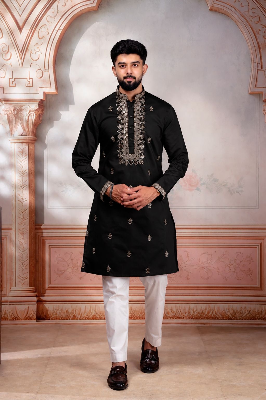 Black Designer Embroidery Cotton Kurta Pyjama