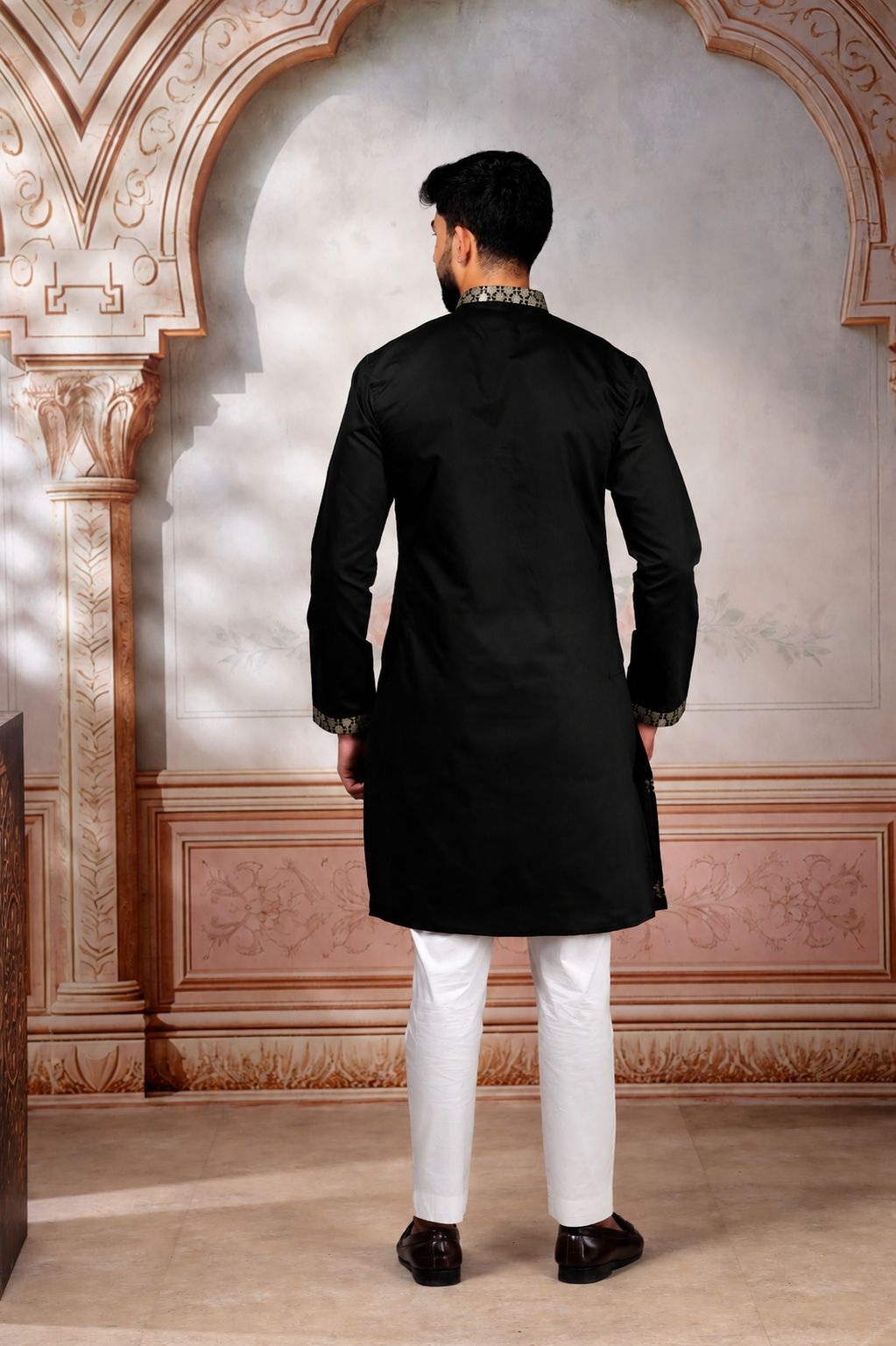 Black Designer Embroidery Cotton Kurta Pyjama — alternate view