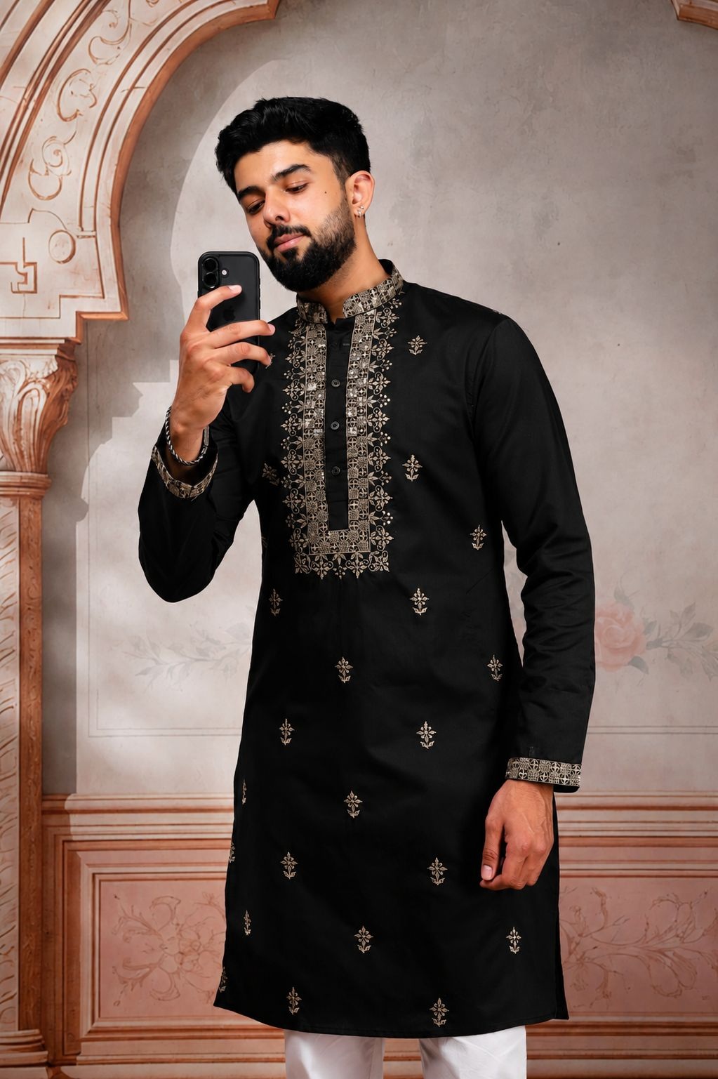 Black Designer Embroidery Cotton Kurta Pyjama