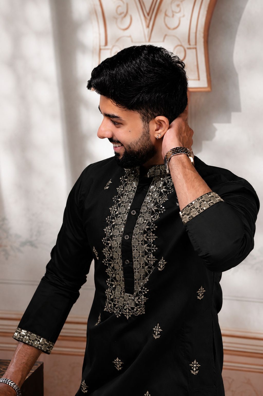 Black Designer Embroidery Cotton Kurta Pyjama