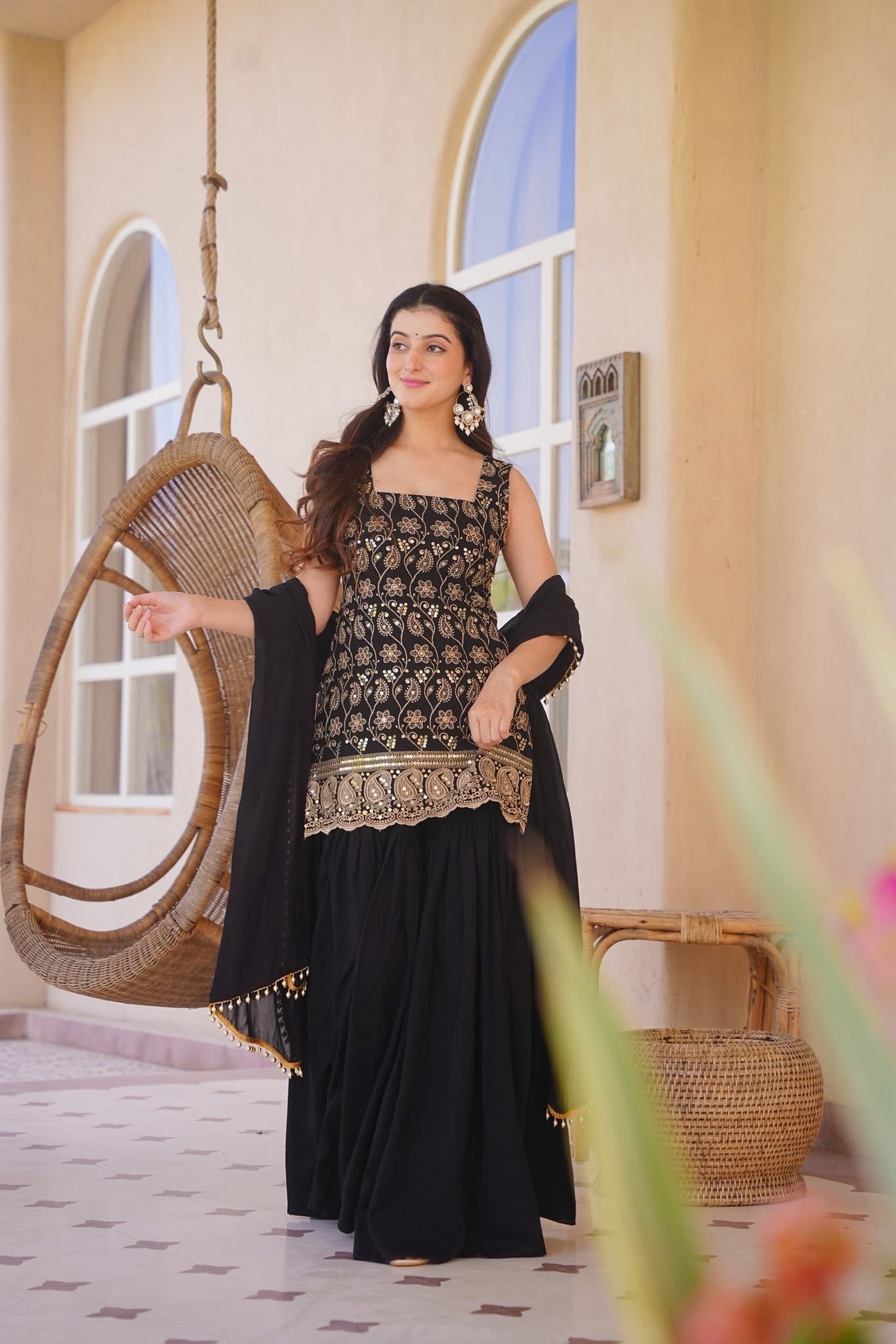 Black Designer Embroidery Silk Blend Anarkali Suit