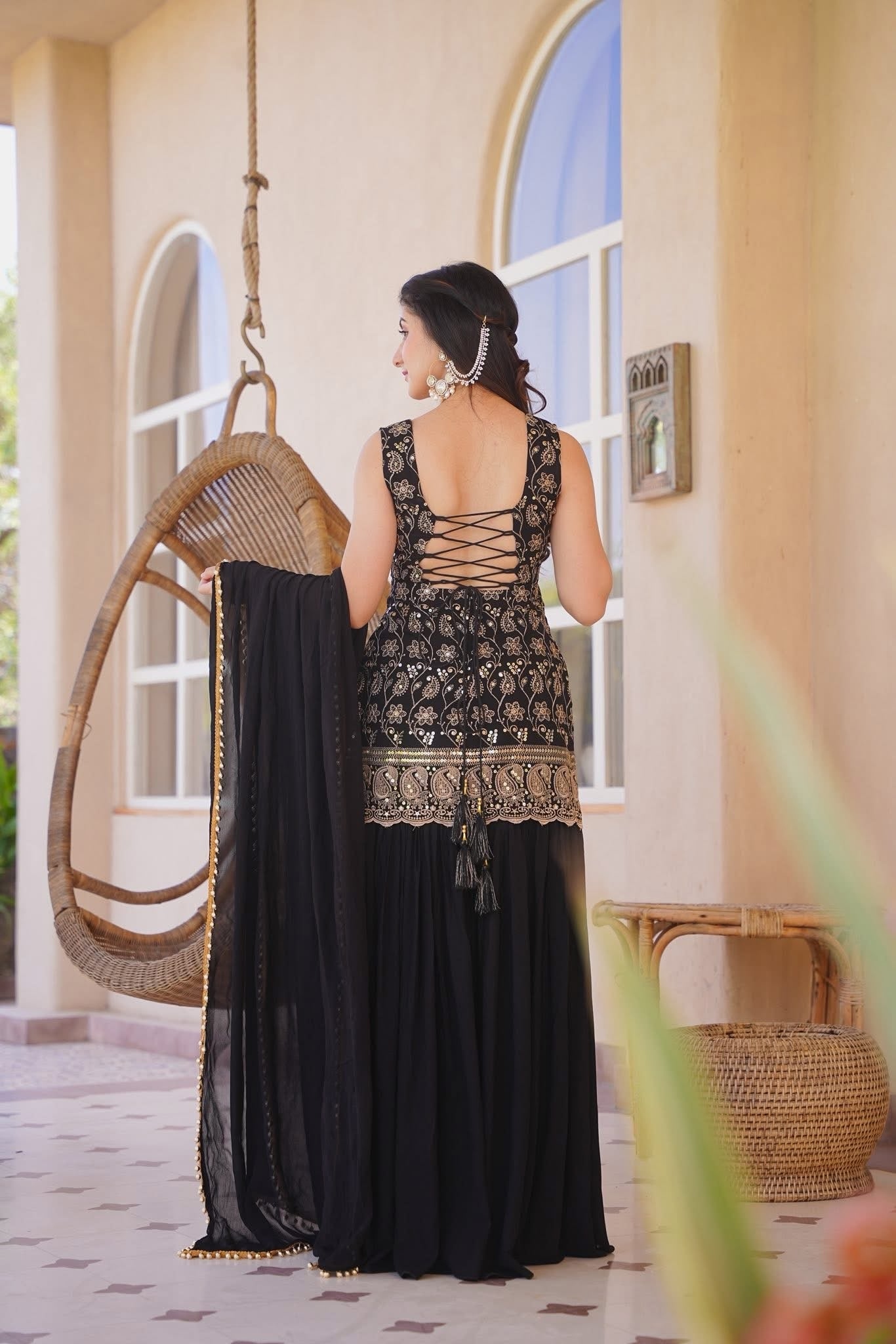 Black Designer Embroidery Silk Blend Anarkali Suit — alternate view