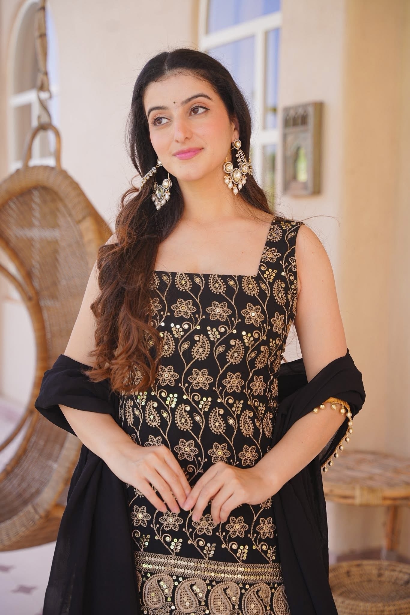 Black Designer Embroidery Silk Blend Anarkali Suit