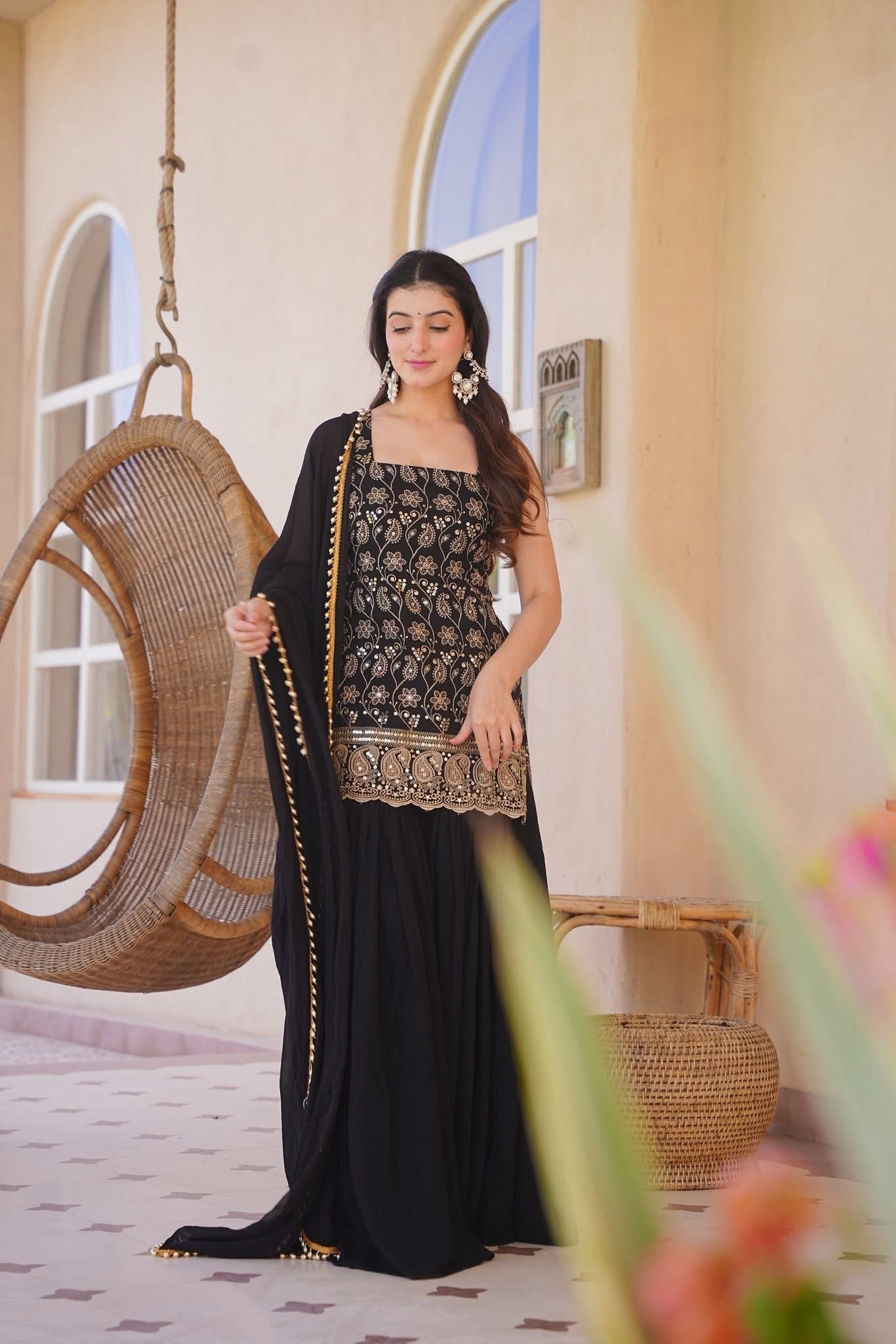 Black Designer Embroidery Silk Blend Anarkali Suit