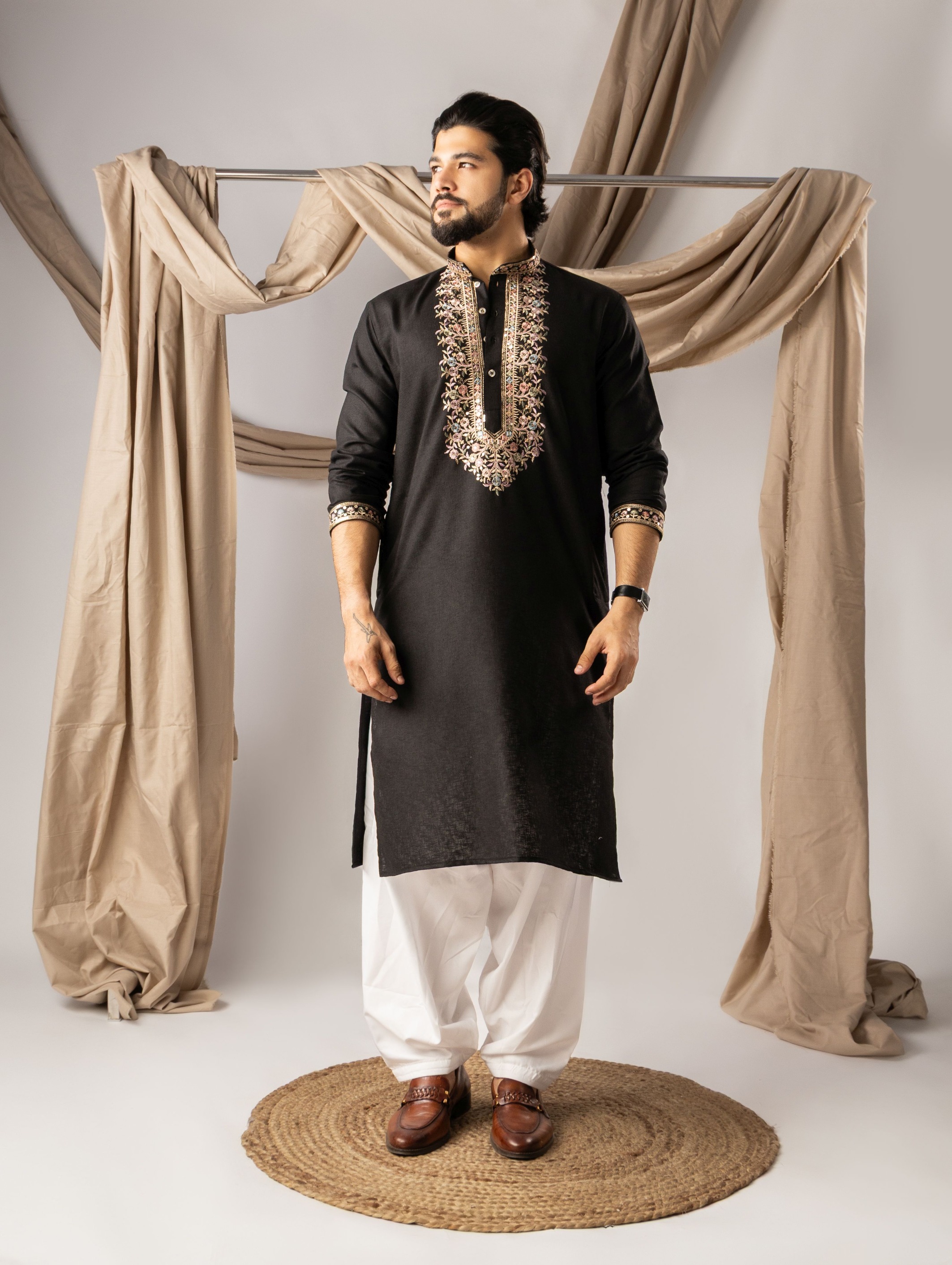 Black Designer Neck Linen Embroidered Kurta Pyjama