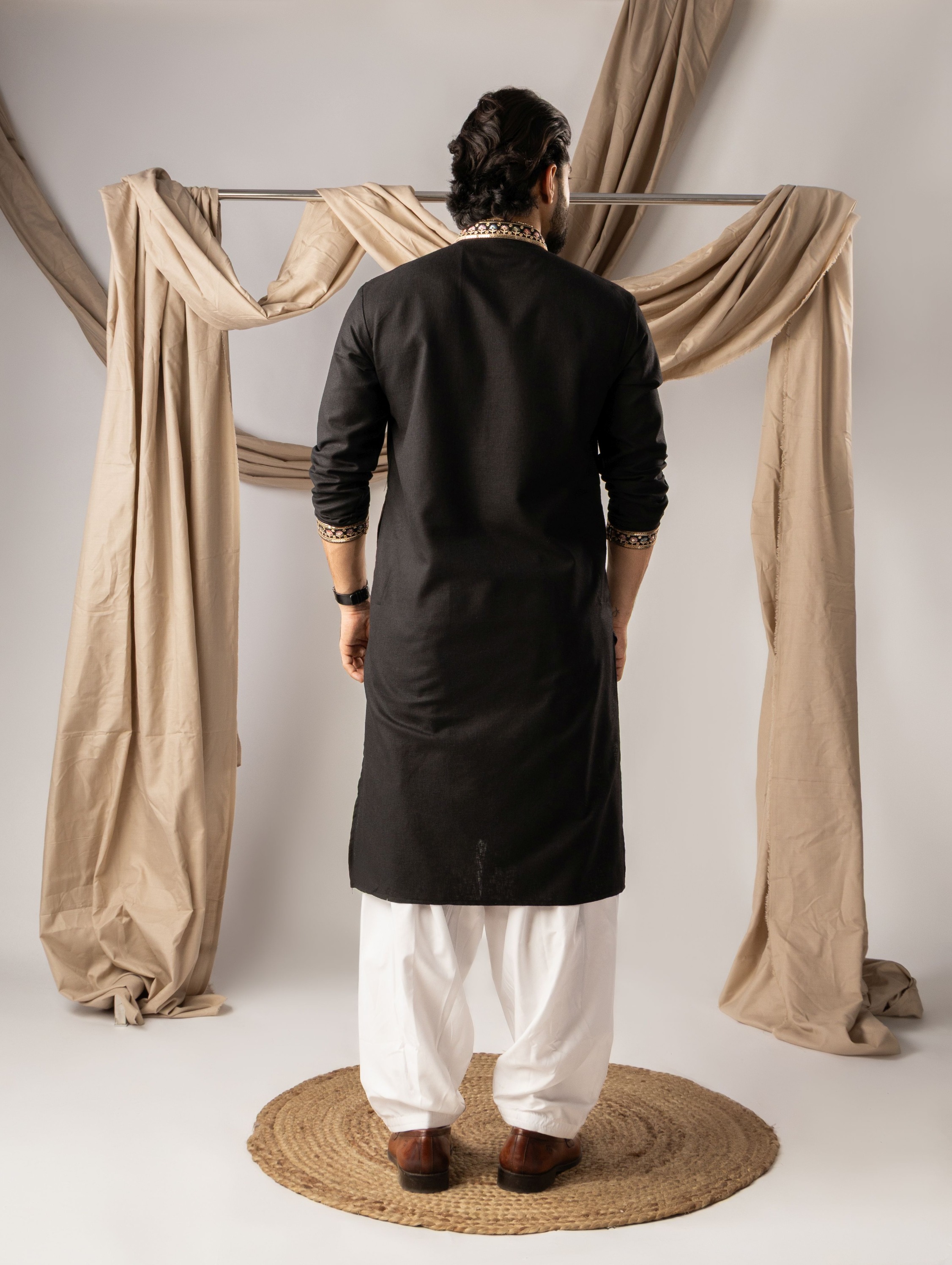 Black Designer Neck Linen Embroidered Kurta Pyjama — alternate view