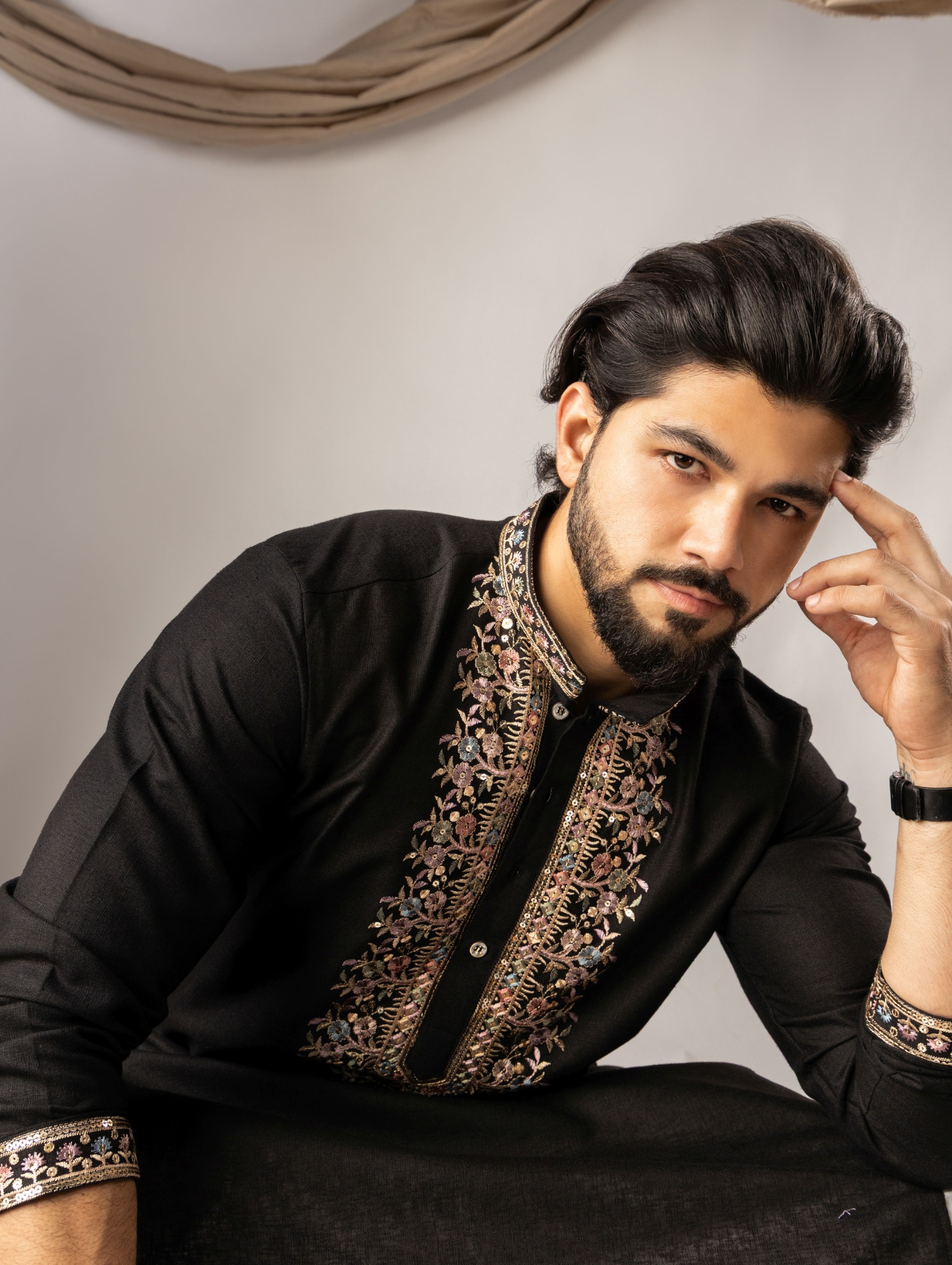 Black Designer Neck Linen Embroidered Kurta Pyjama