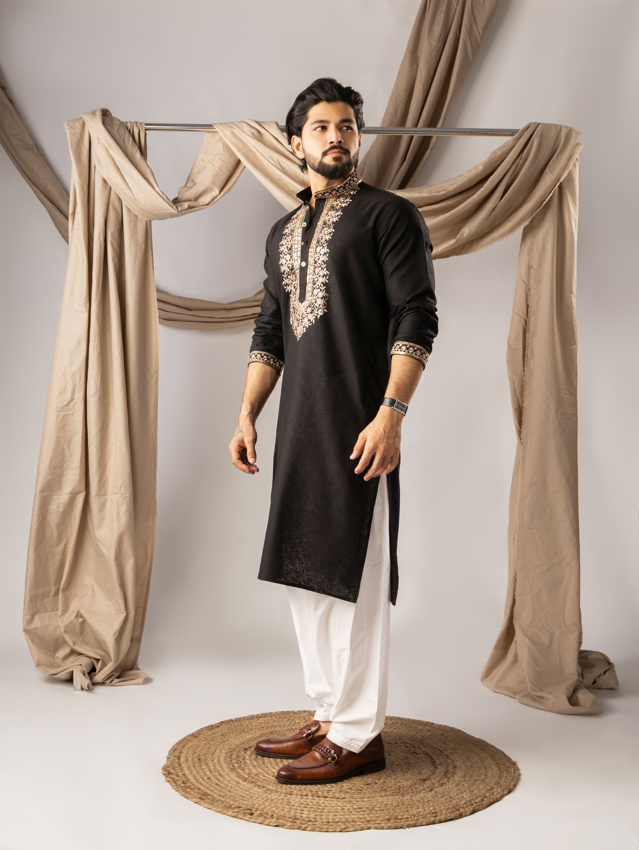 Black Designer Neck Linen Embroidered Kurta Pyjama