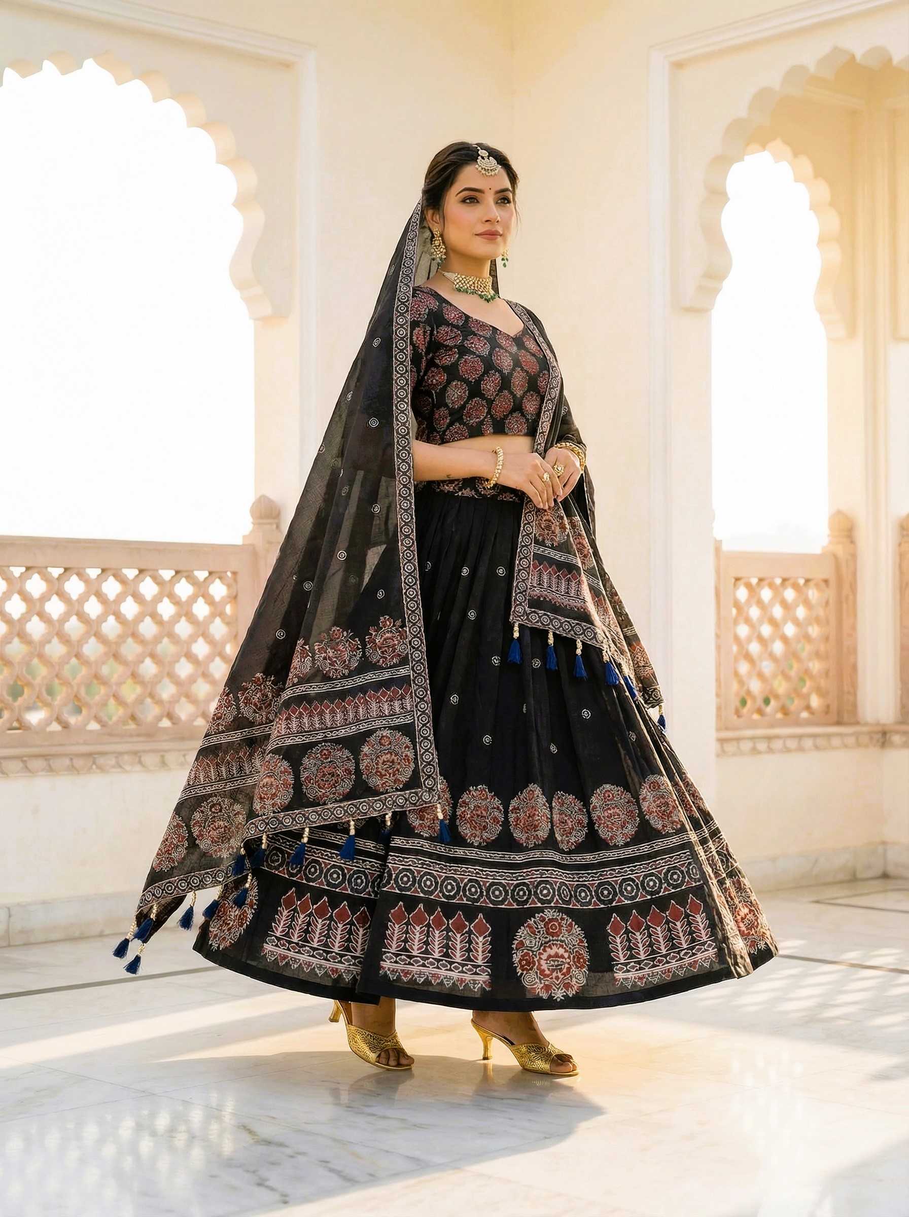 Black Designer Printed Cotton Rayon Lehenga Choli