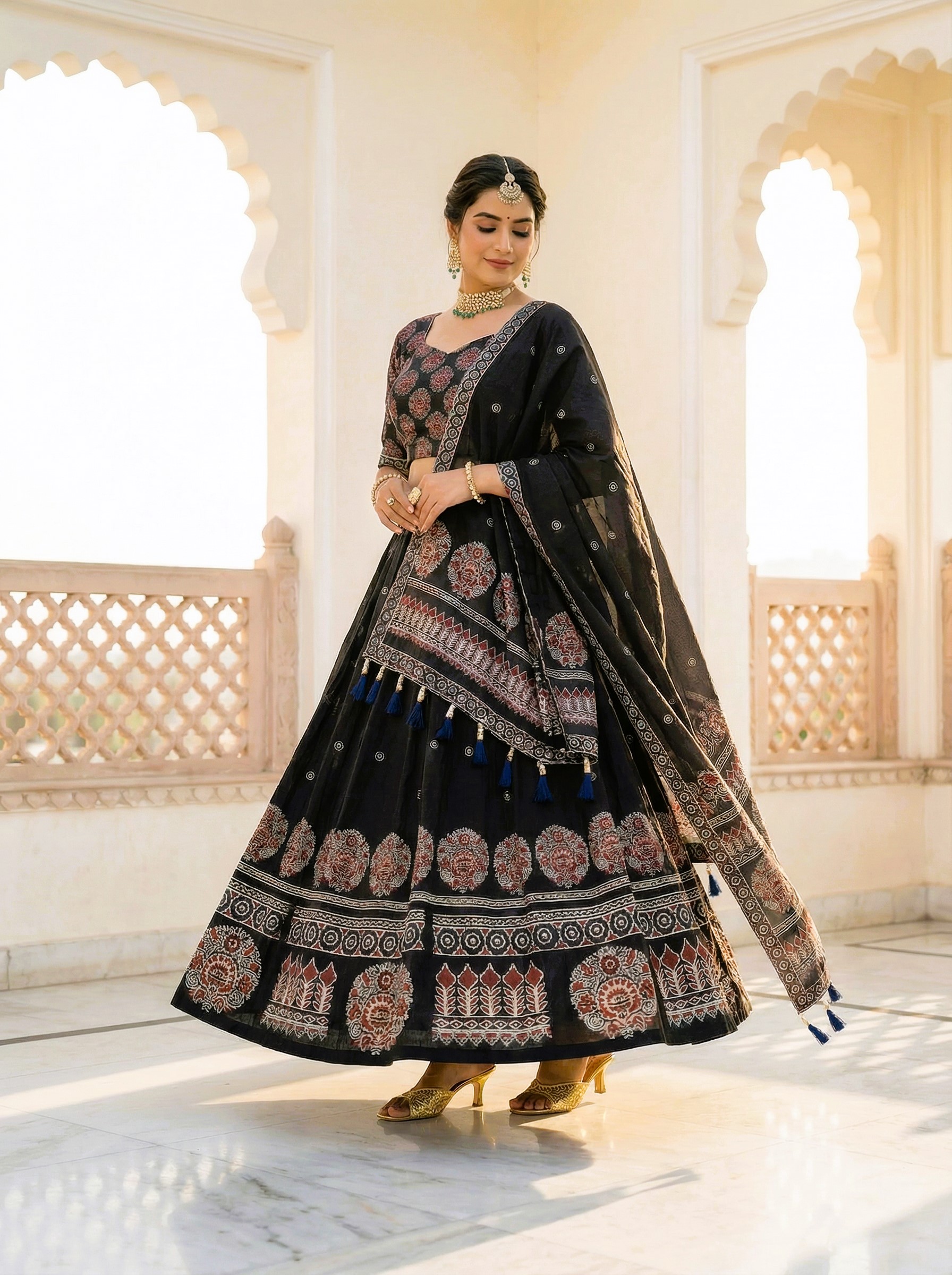 Black Designer Printed Cotton Rayon Lehenga Choli