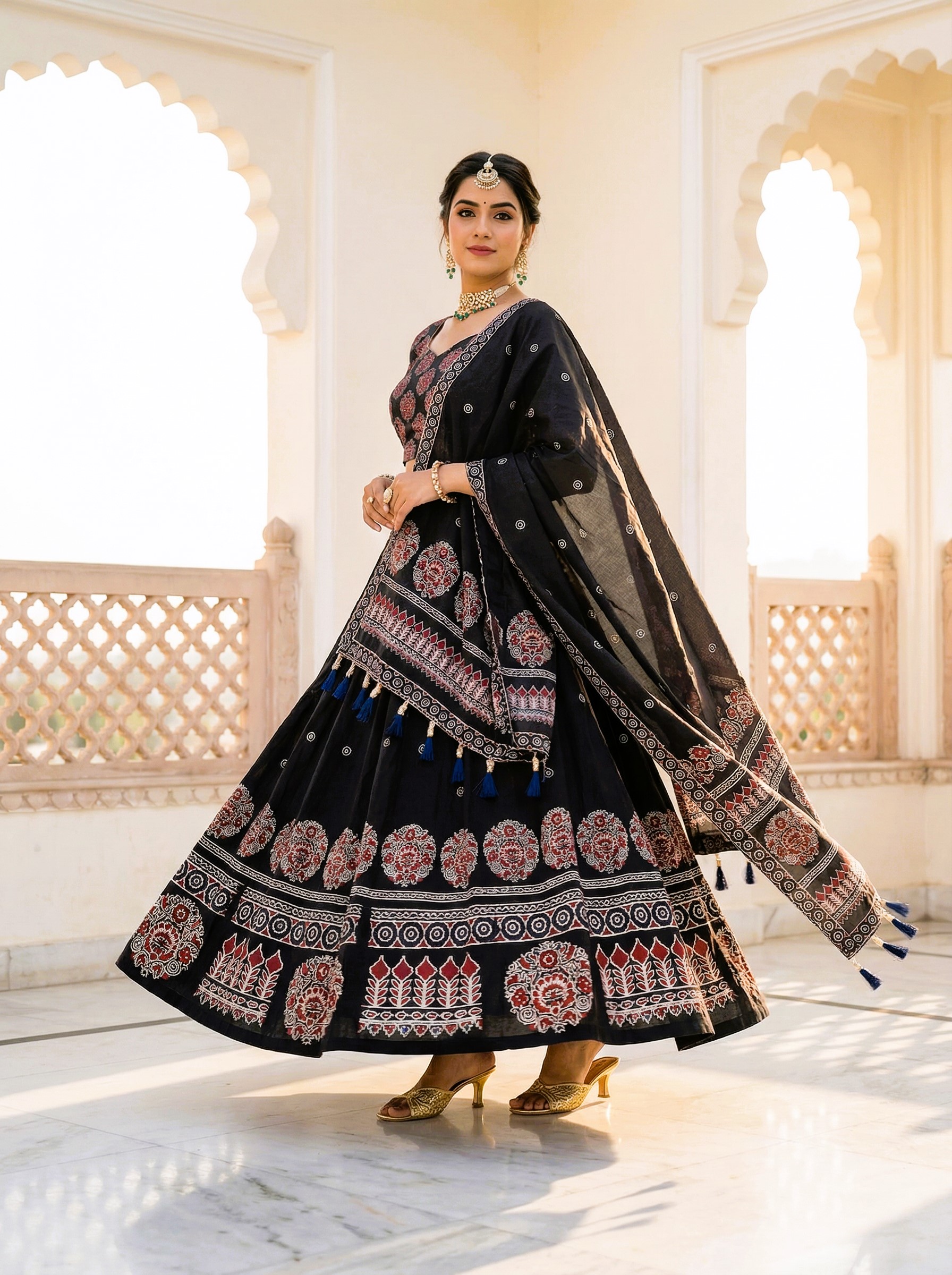 Black Designer Printed Cotton Rayon Lehenga Choli