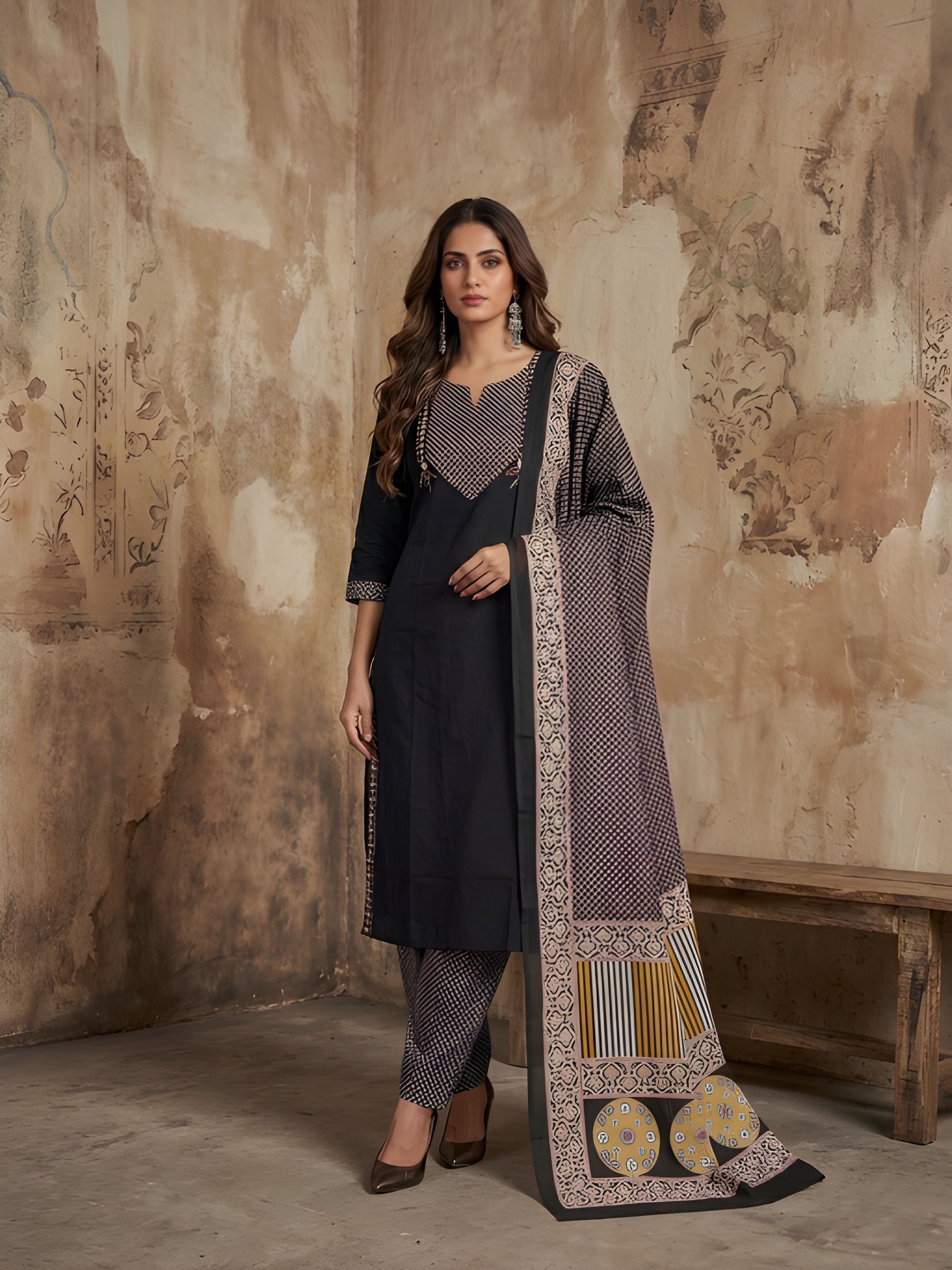 Black Designer Printed Hand Work Cotton Salwar Suit