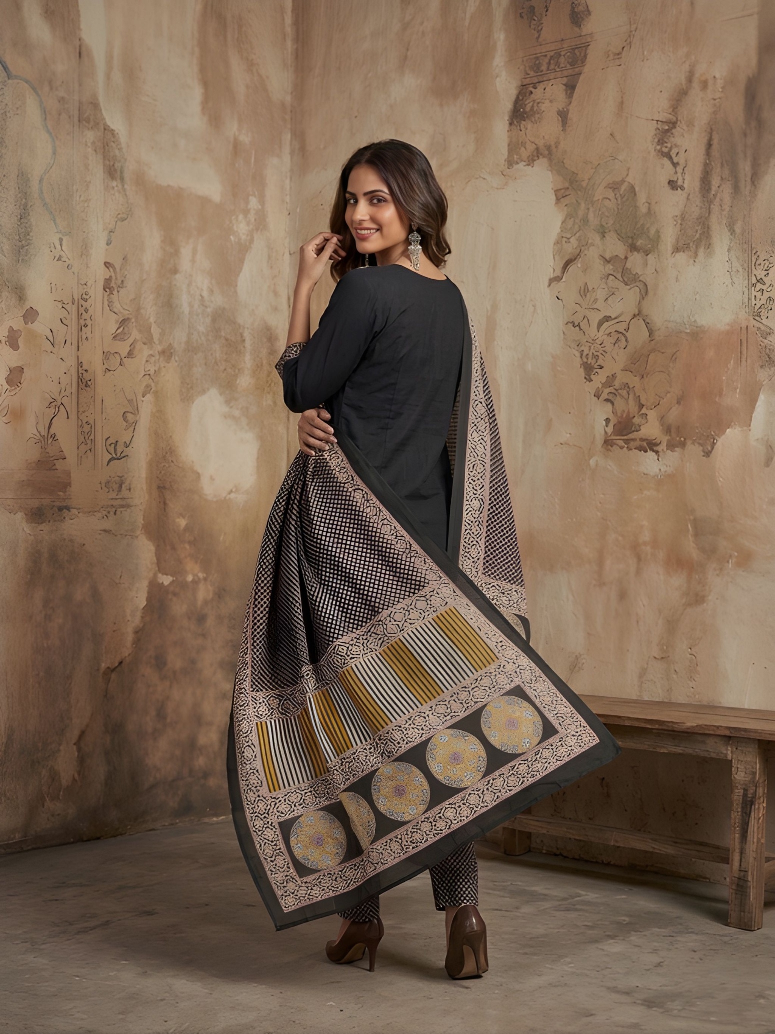 Black Designer Printed Hand Work Cotton Salwar Suit — alternate view