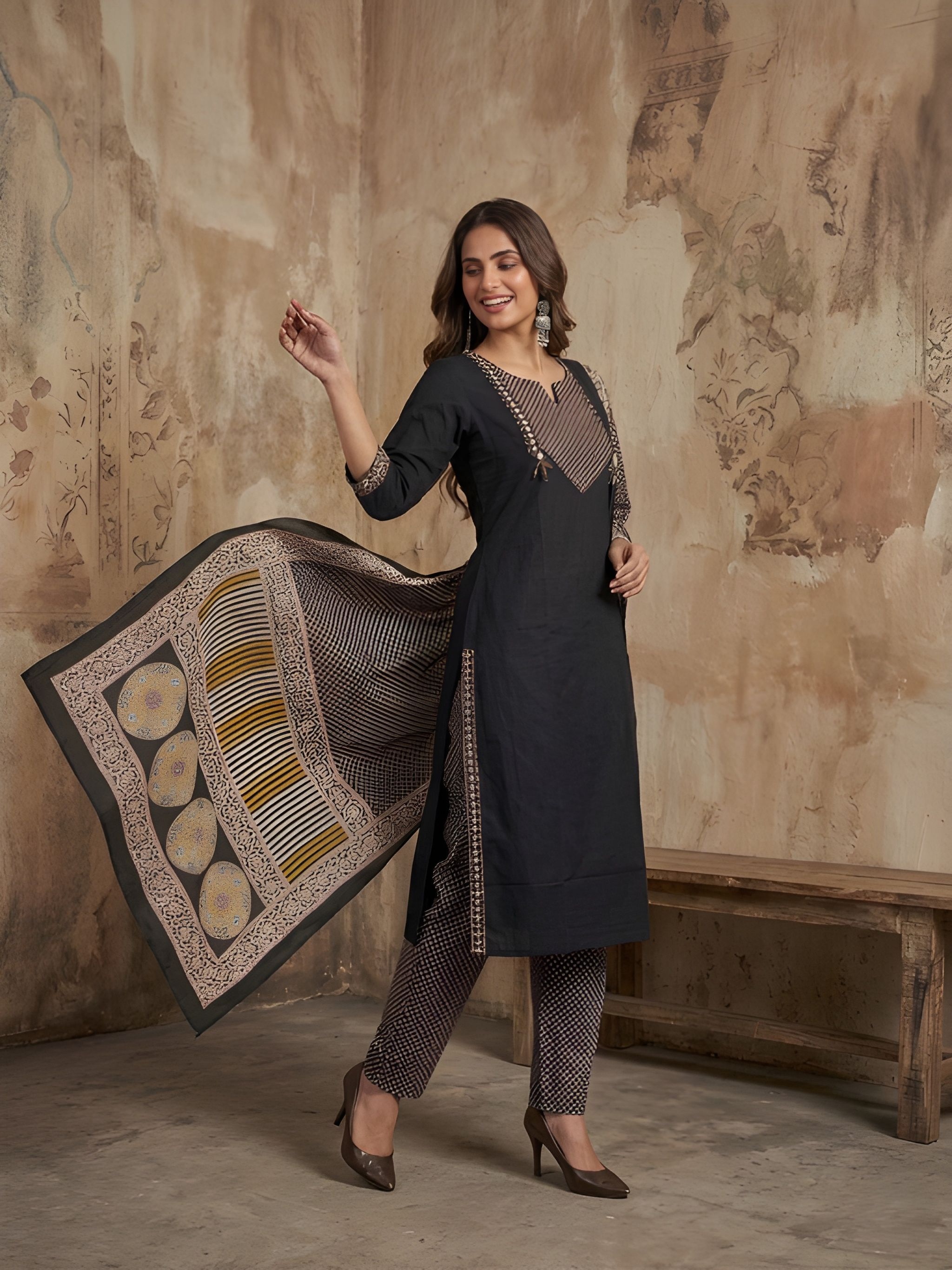 Black Designer Printed Hand Work Cotton Salwar Suit