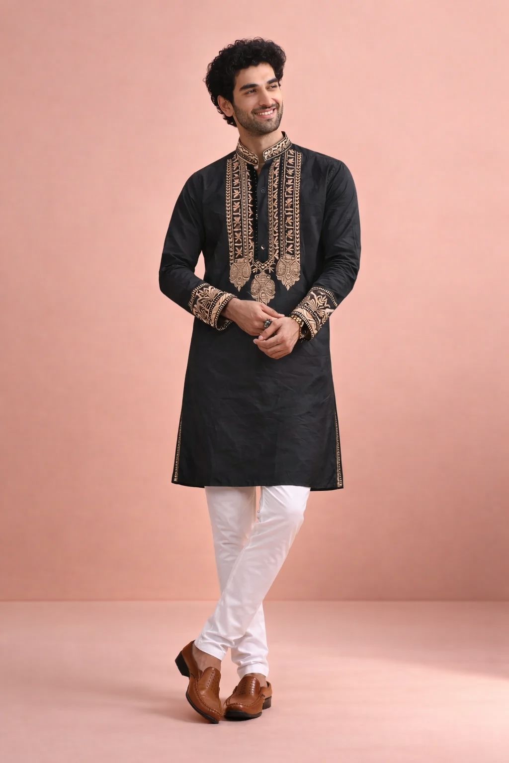 Black Designer Printed Heavy Embroidered Panel Kurta Pyjama