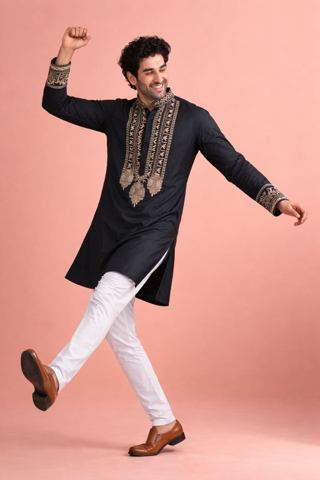 Black Designer Printed Heavy Embroidered Panel Kurta Pyjama