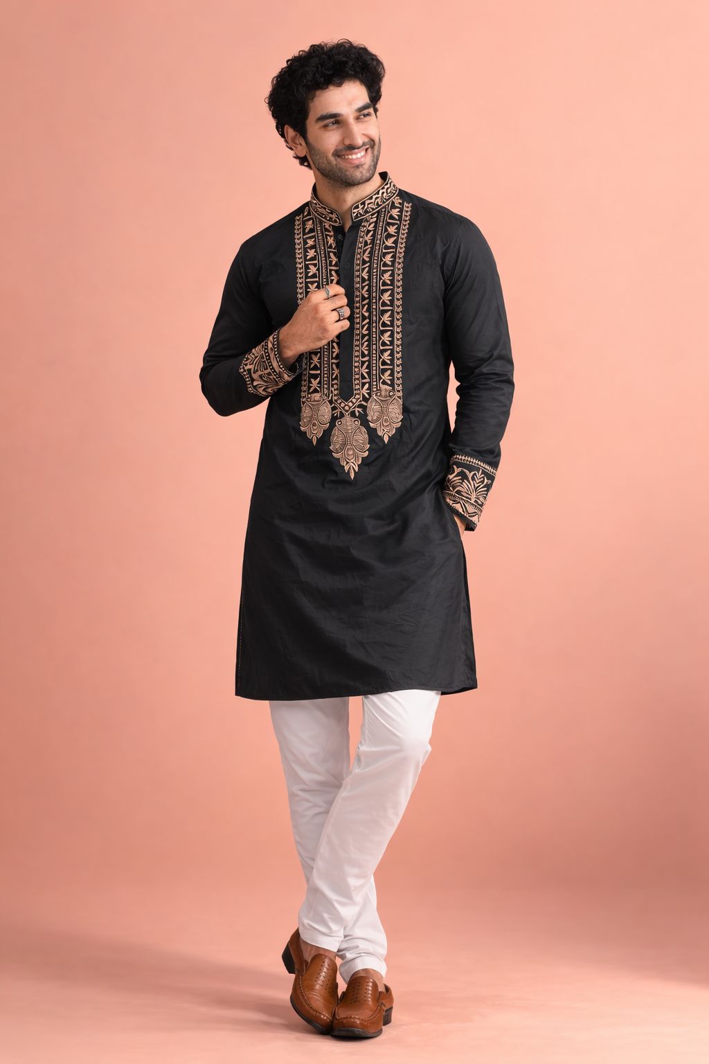 Black Designer Printed Heavy Embroidered Panel Kurta Pyjama