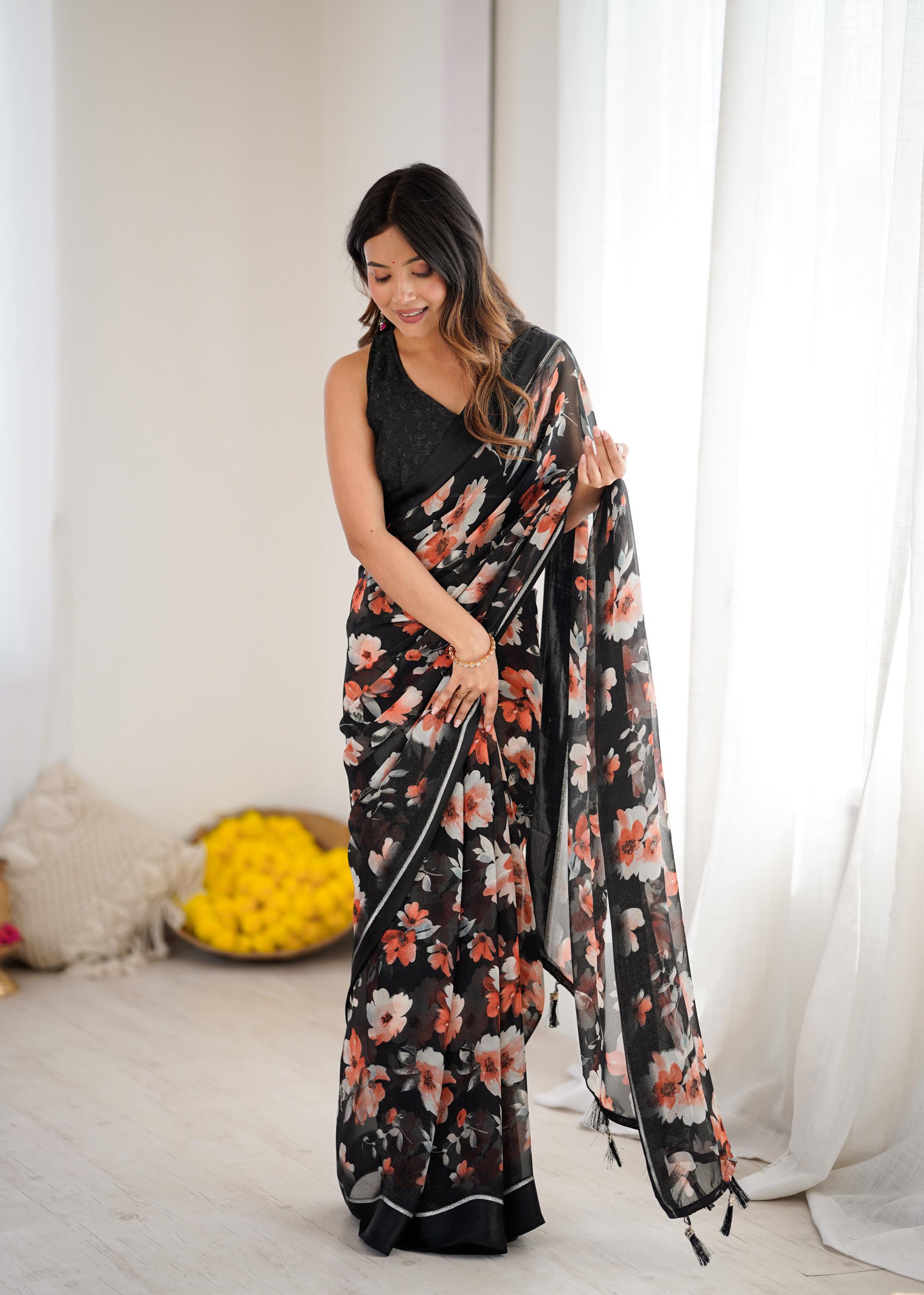 Black Designer Printed Moss Satin Patta Saree