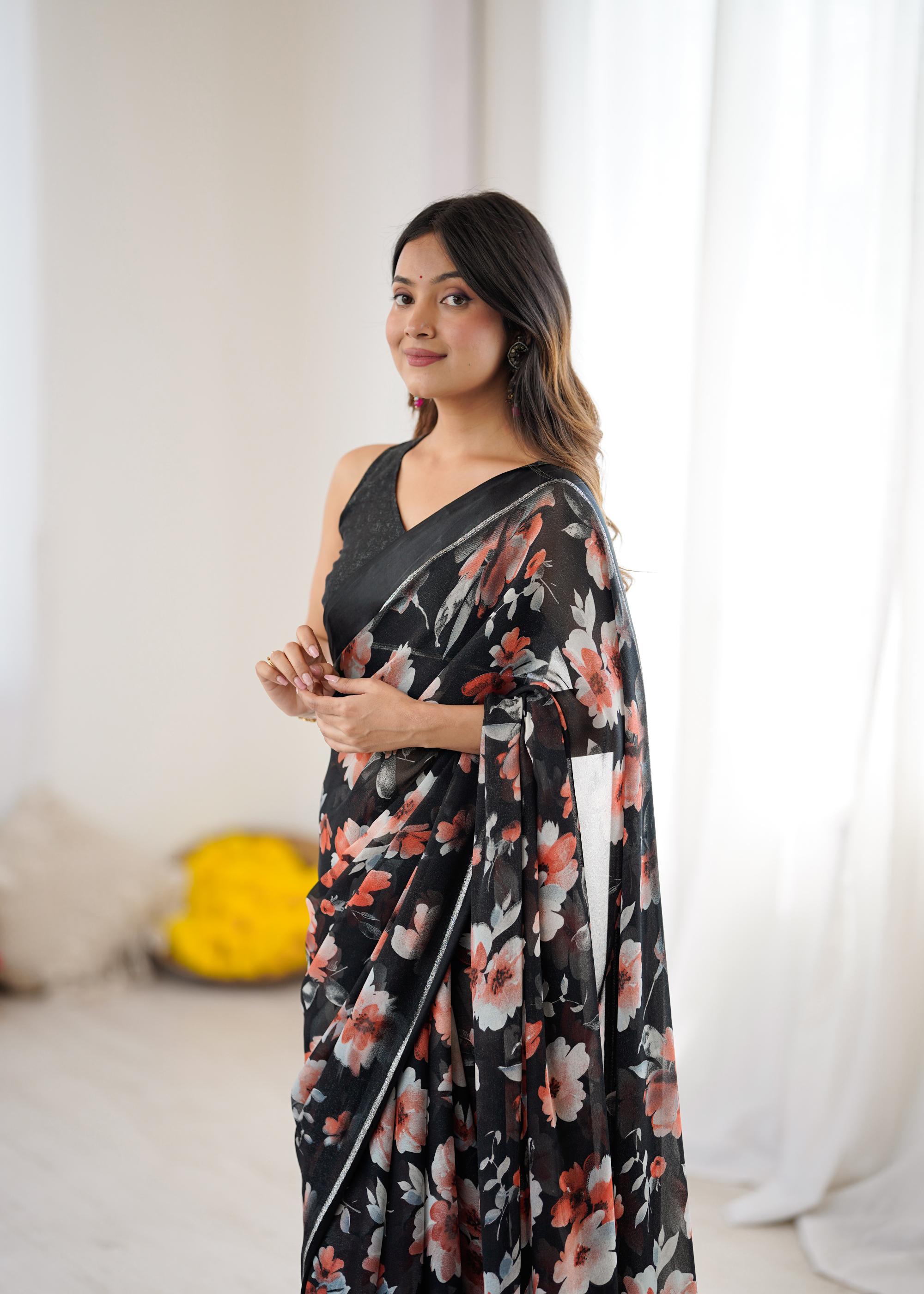 Black Designer Printed Moss Satin Patta Saree