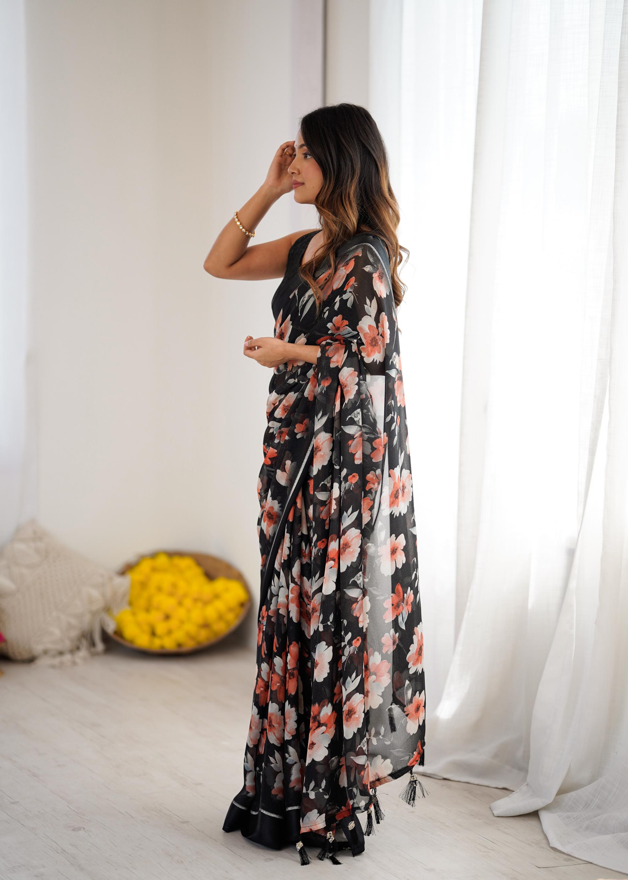 Black Designer Printed Moss Satin Patta Saree