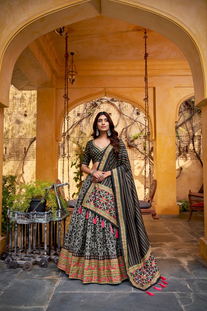 Black Designer Sparkle Printed Tussar Silk Lehenga Choli