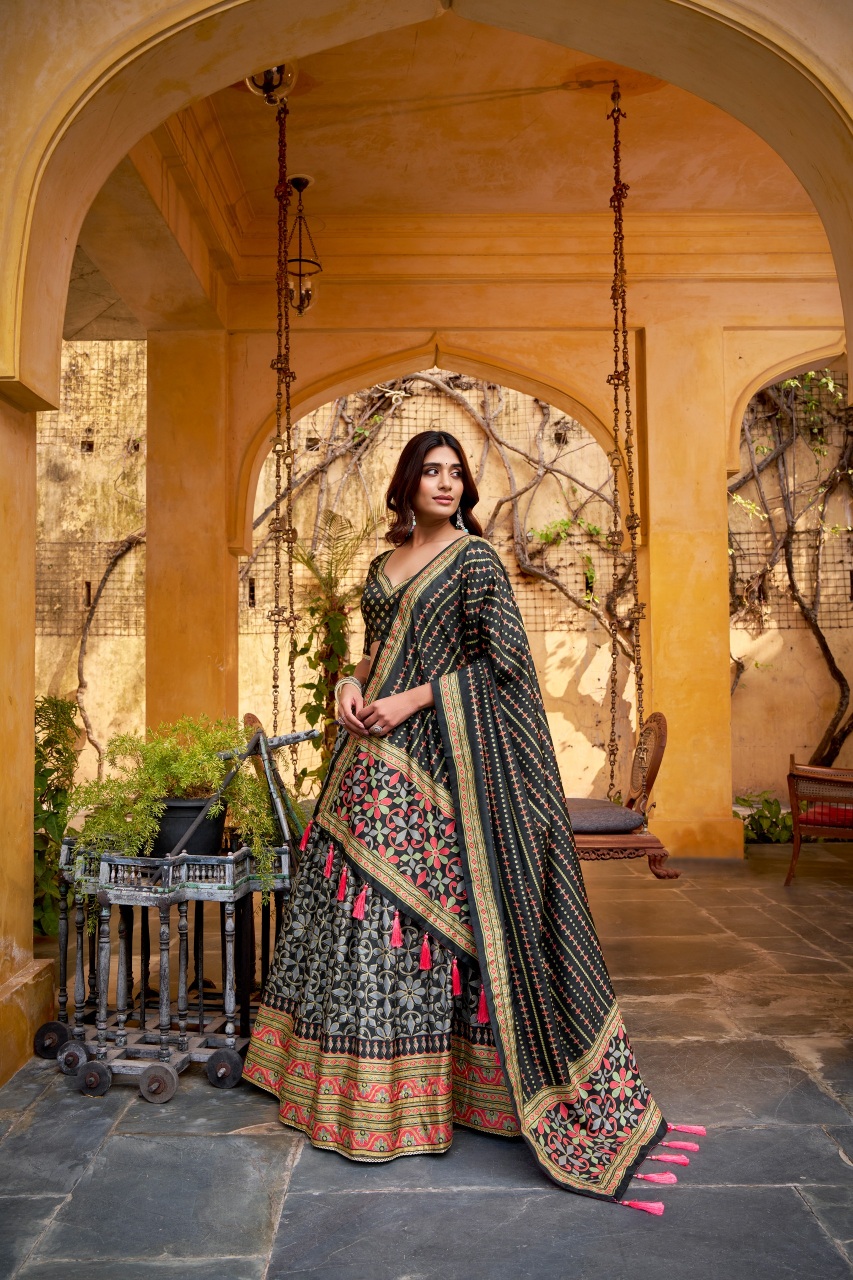 Black Designer Sparkle Printed Tussar Silk Lehenga Choli — alternate view