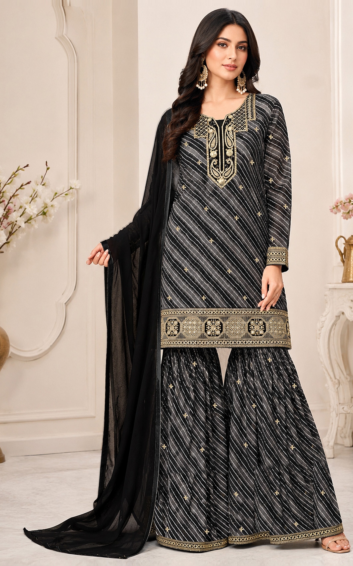 Black Diagonal Embroidered Georgette Sharara Suit
