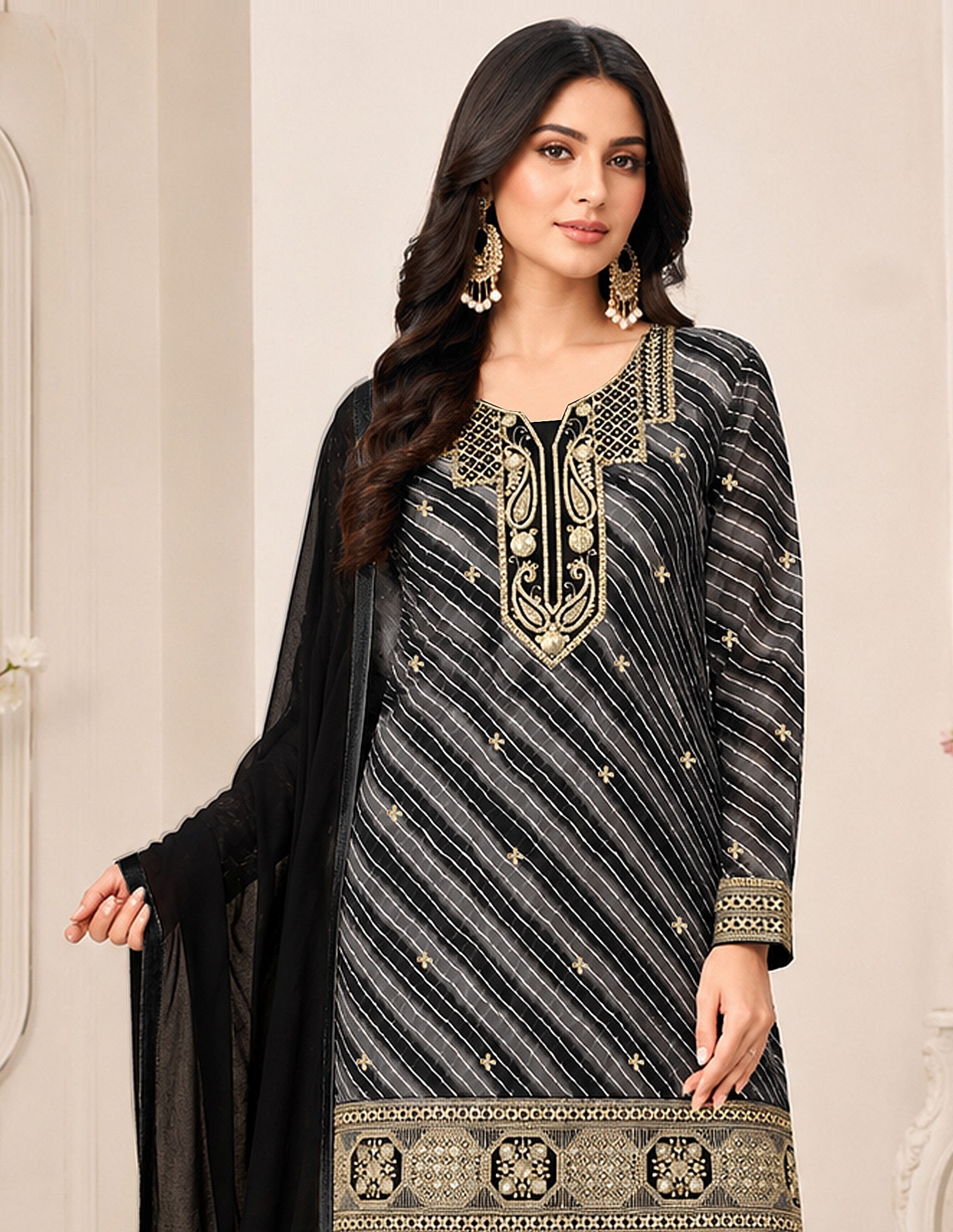Black Diagonal Embroidered Georgette Sharara Suit — alternate view