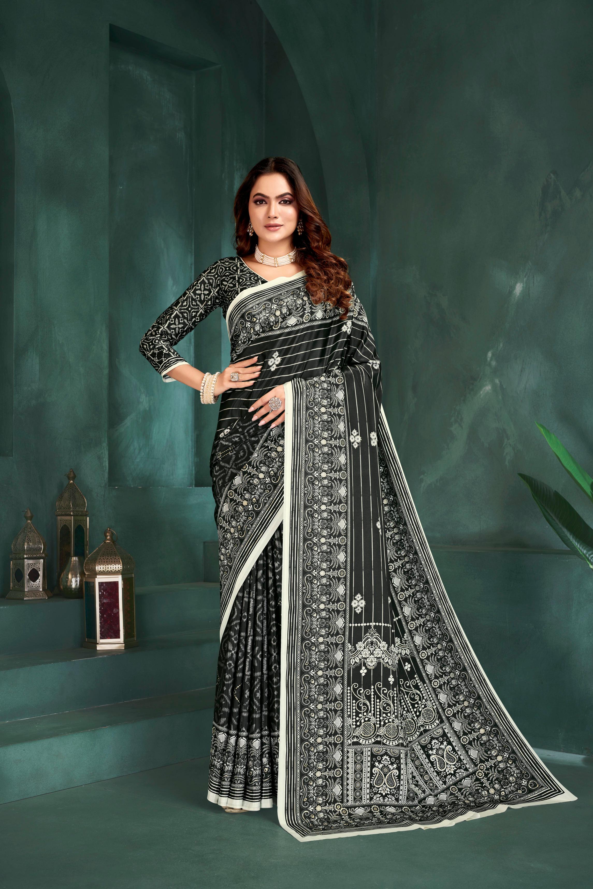 Black Digital Foil Printed Crepe Silk