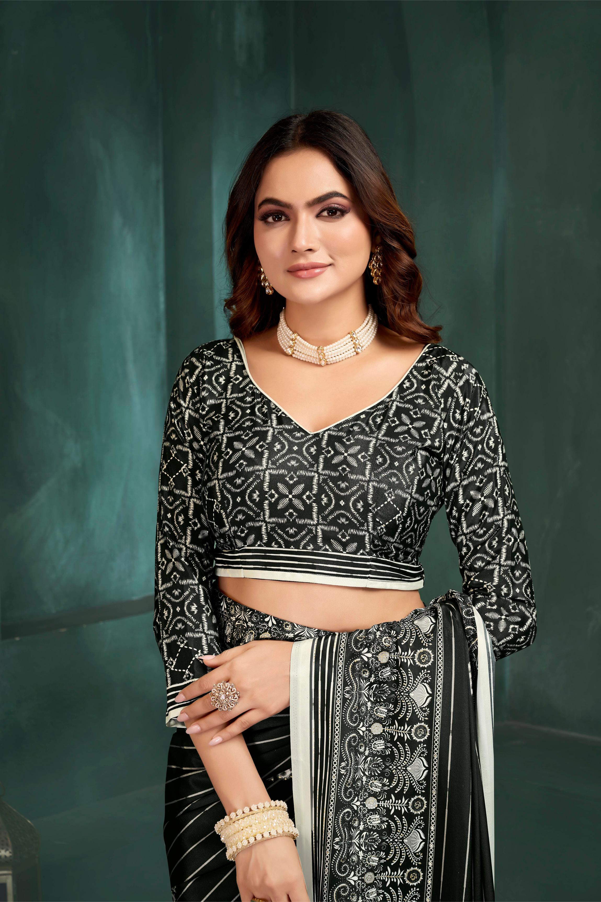 Black Digital Foil Printed Crepe Silk