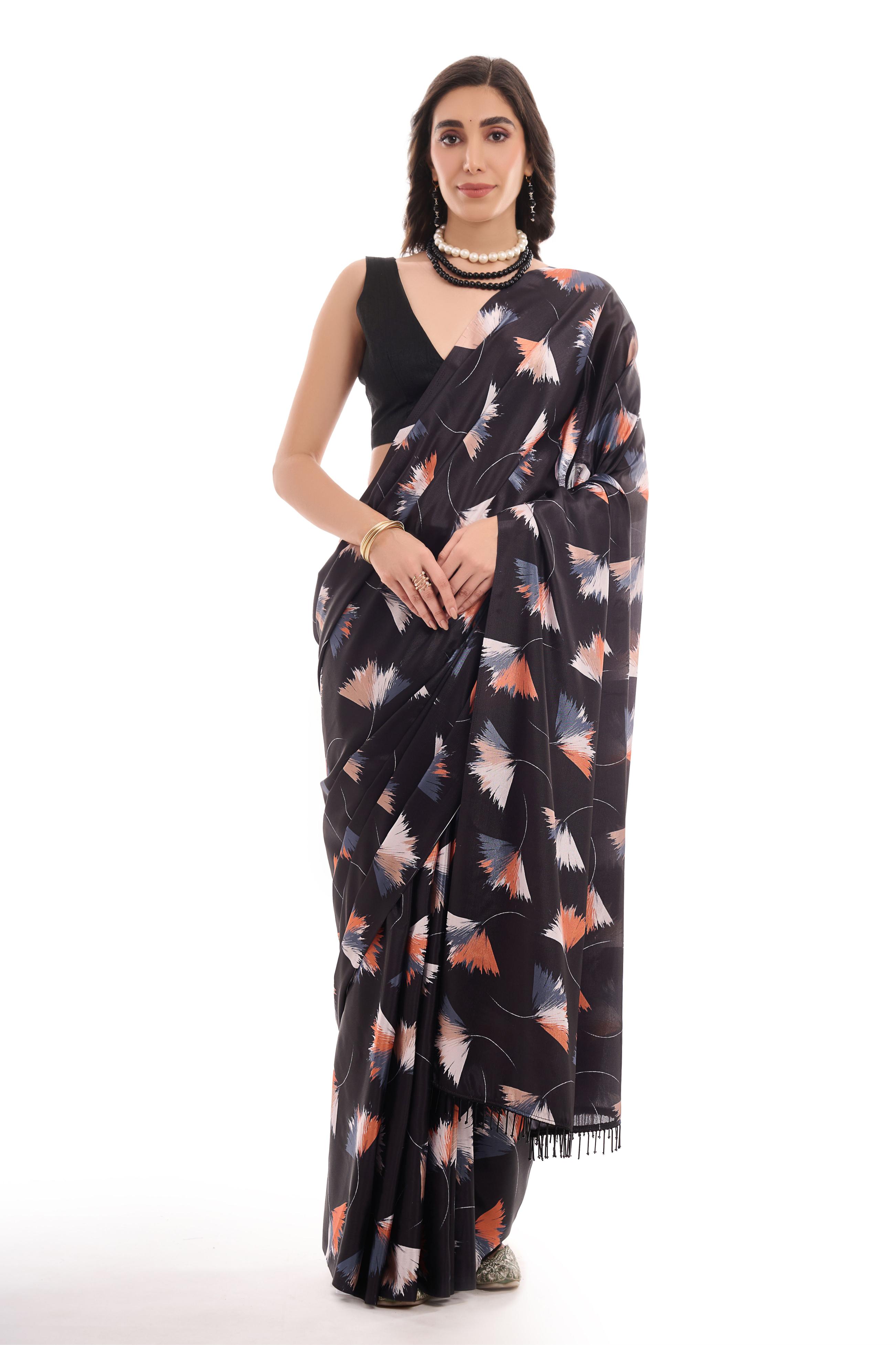Black Digital Printed Chinon Ready To Wear Saree