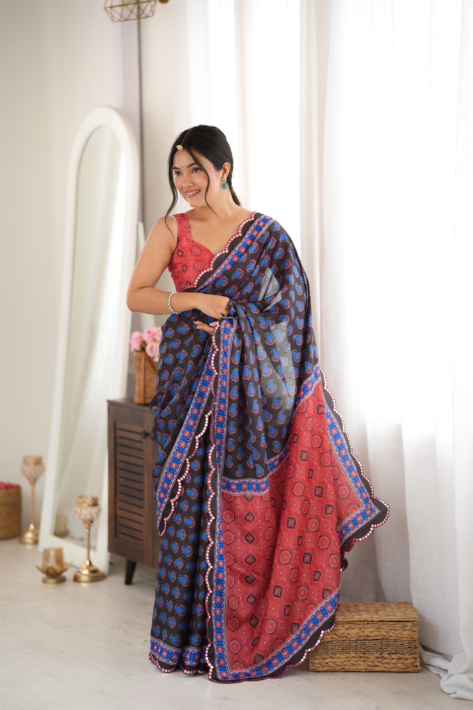 Black Digital Printed Chinon Saree