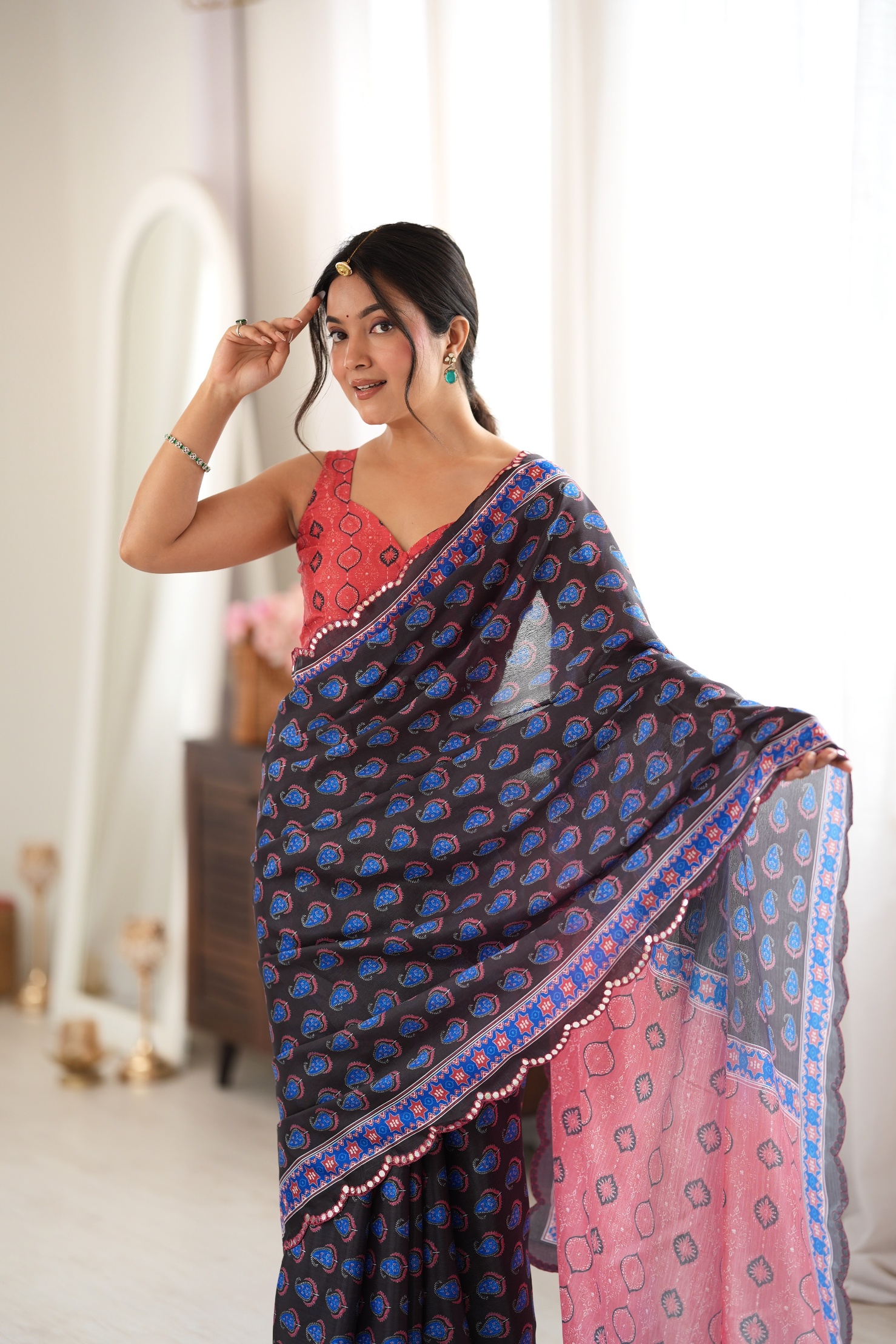 Black Digital Printed Chinon Saree