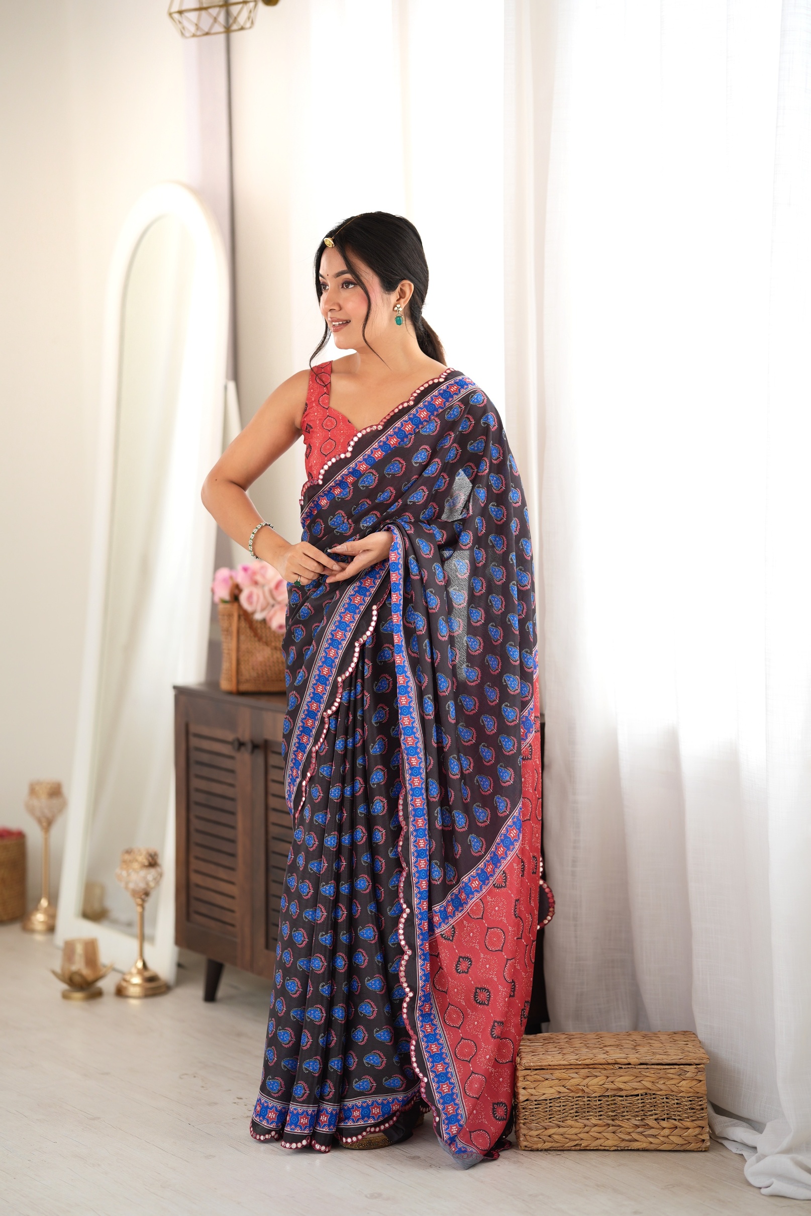 Black Digital Printed Chinon Saree
